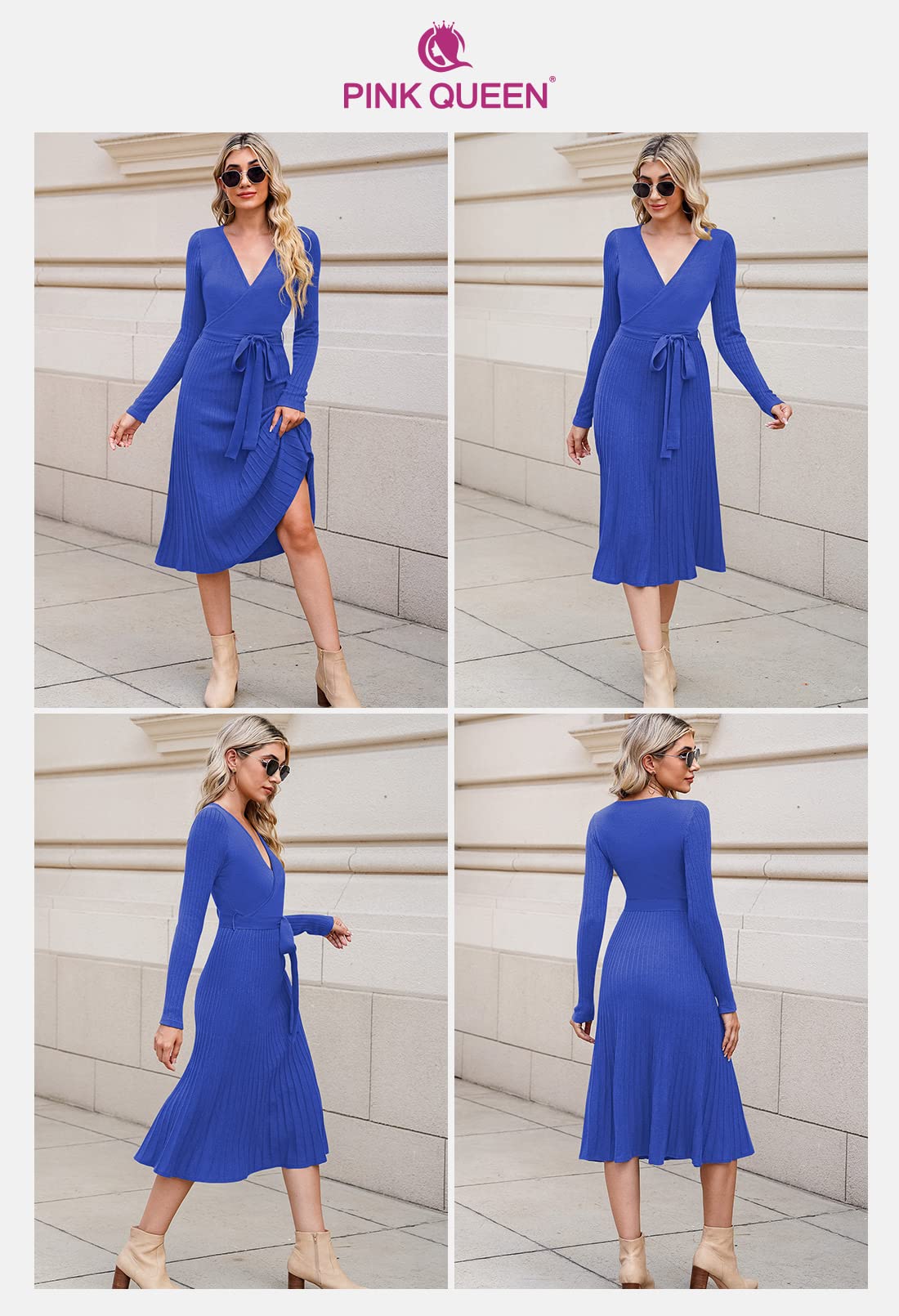 Pink Queen Women's V-Neck Long Sleeve Ribbed Knit Wrap Sweater Dress with Belt | Casual Midi Swing Dress for Fall Winter Office Wear & Date Night Outfits