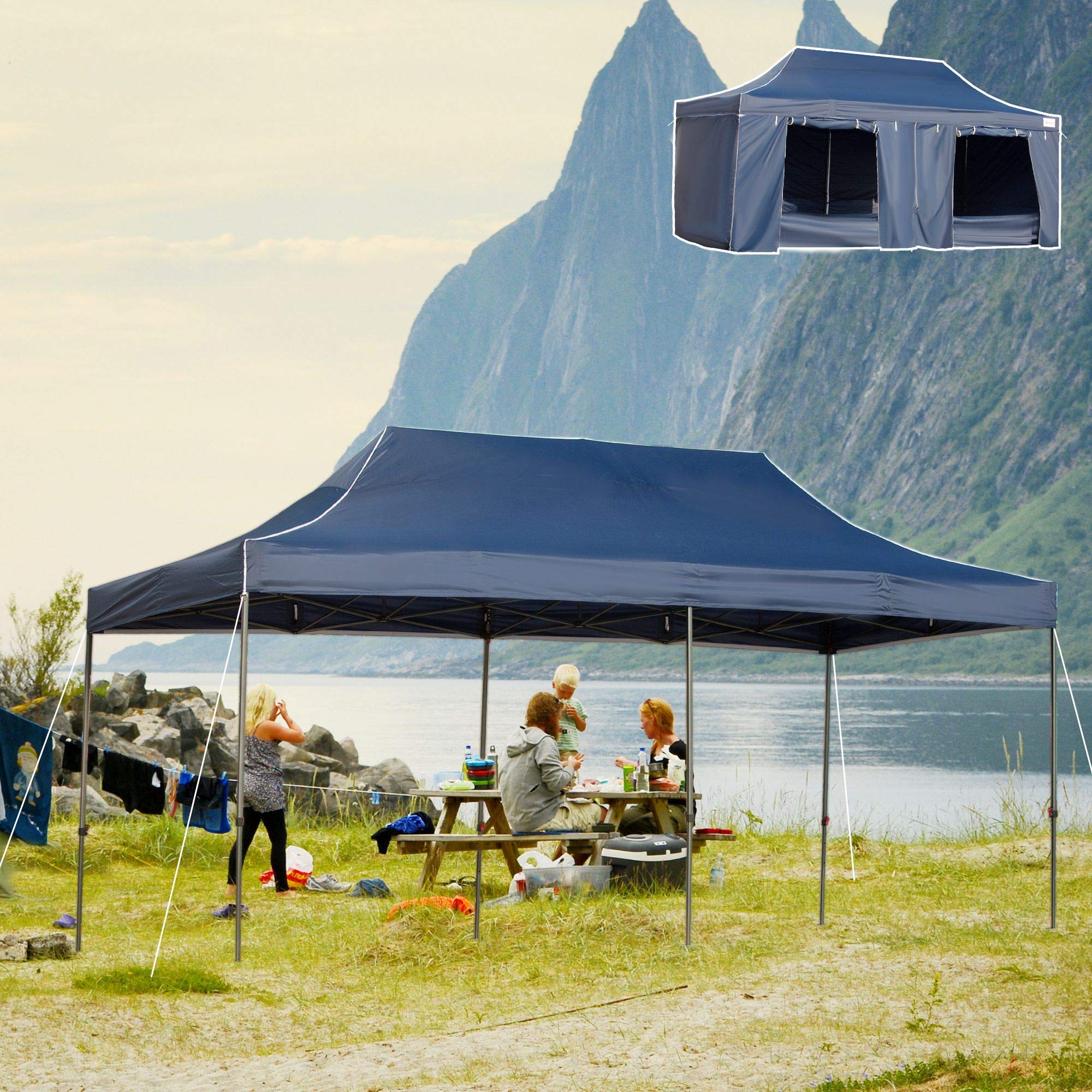 Outsunny 10' x 20' Pop Up Canopy Tent with Removable Sidewalls & Doors, Instant Shelter for Outdoor Parties, Camping, Backyard Events - Includes Wheeled Carry Bag & Height Adjustment - Perfect for Gardens, Patios, Beach & Tailgating