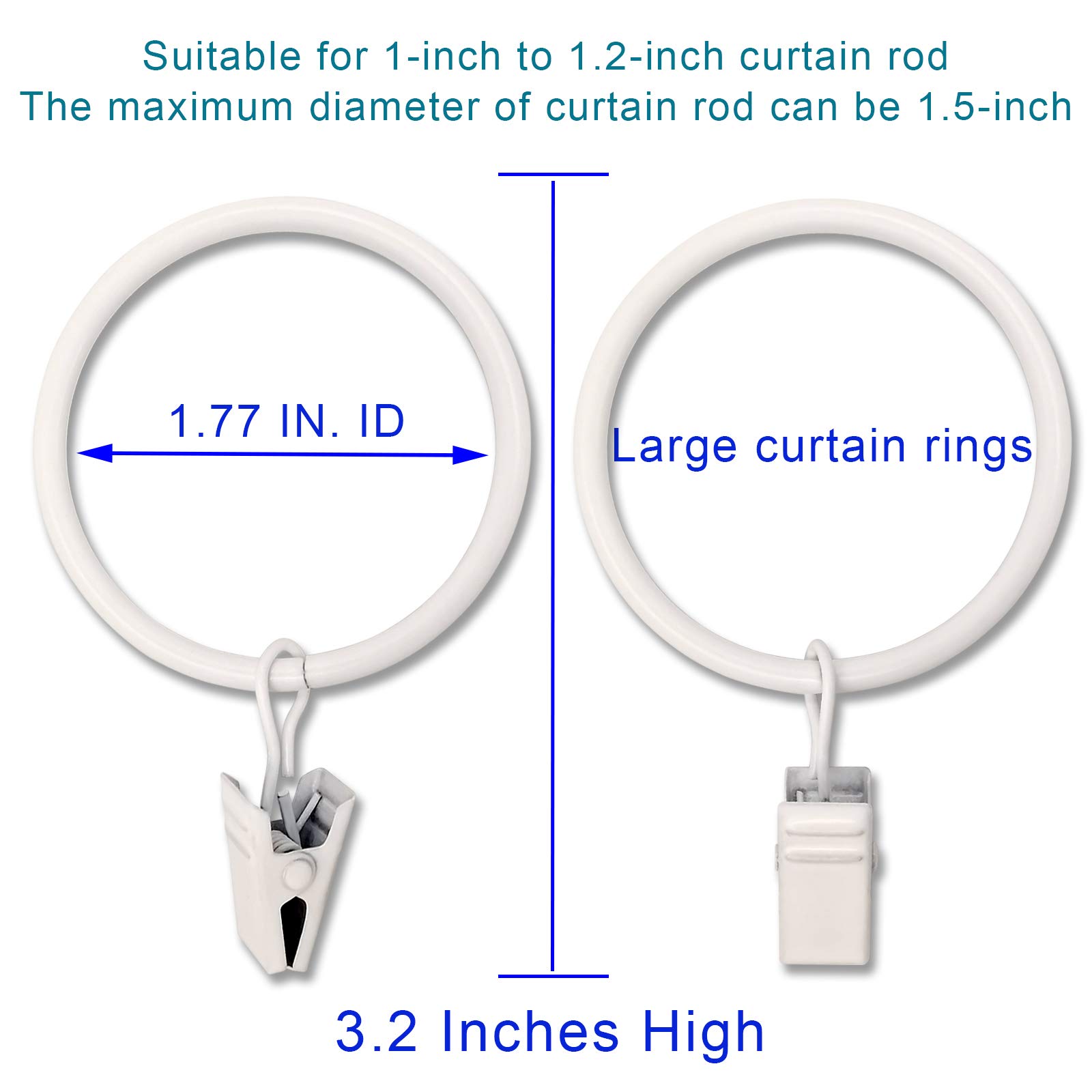 20 Pack White Curtain Rings with Clips - 1.77 Inch Inner Diameter Drapery Hooks for Hanging Drapes, Bows & Hats - Fits up to 1.5 Inch Curtain Rods - Perfect for Living Room, Bedroom & Window Decor