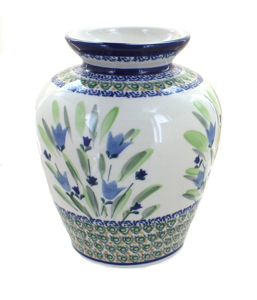 Handmade Blue Rose Polish Pottery Vase - Medium Blue Tulip Design Ceramic Flower Vase for Home Decor, Wedding Centerpiece & Gift Idea