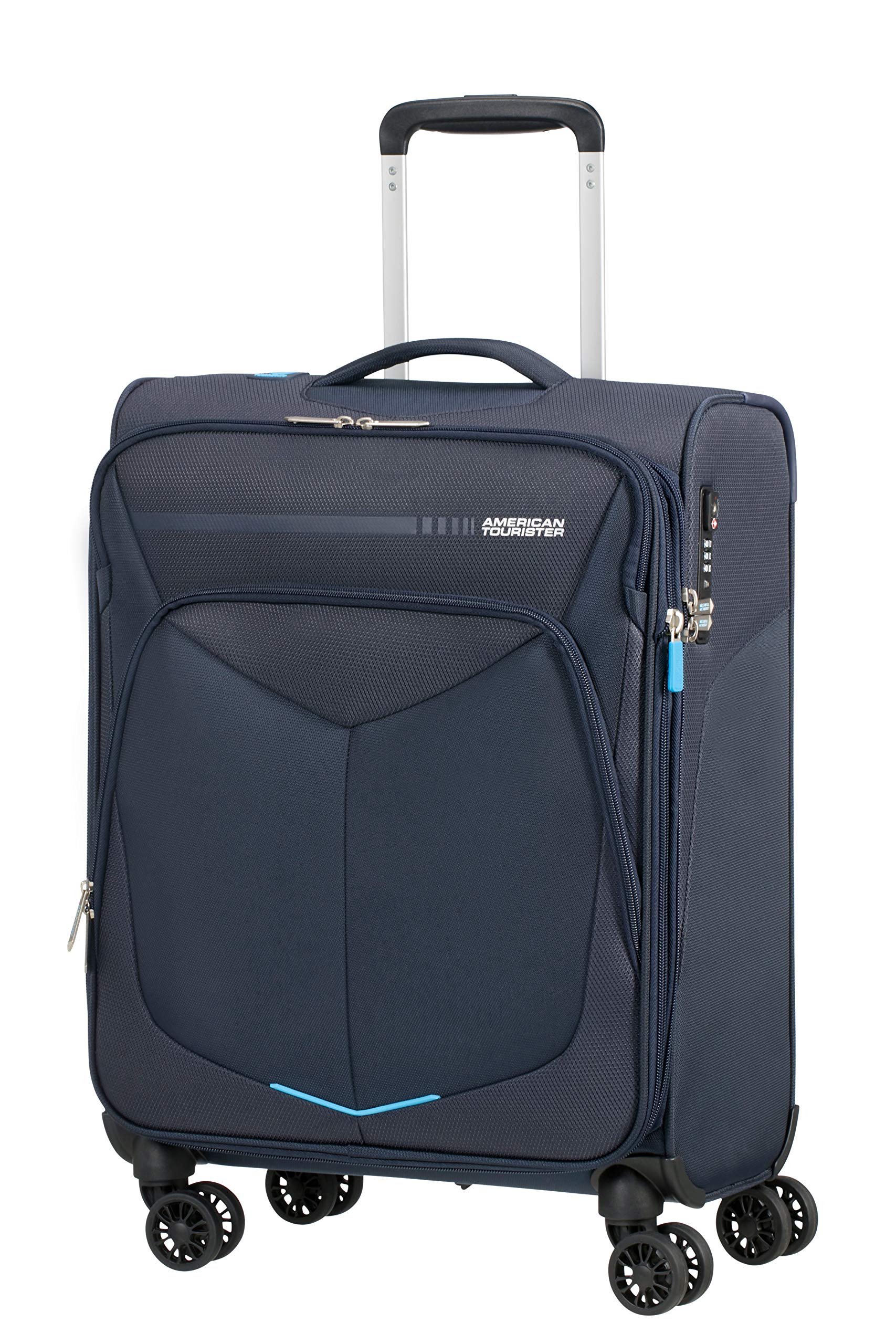 American Tourister Summerfunk 21.6 Inch Carry On Luggage - 55cm Lightweight Spinner Suitcase with 4 Wheels, Navy Blue Travel Bag for Weekend Trips & Airplane Cabin Use