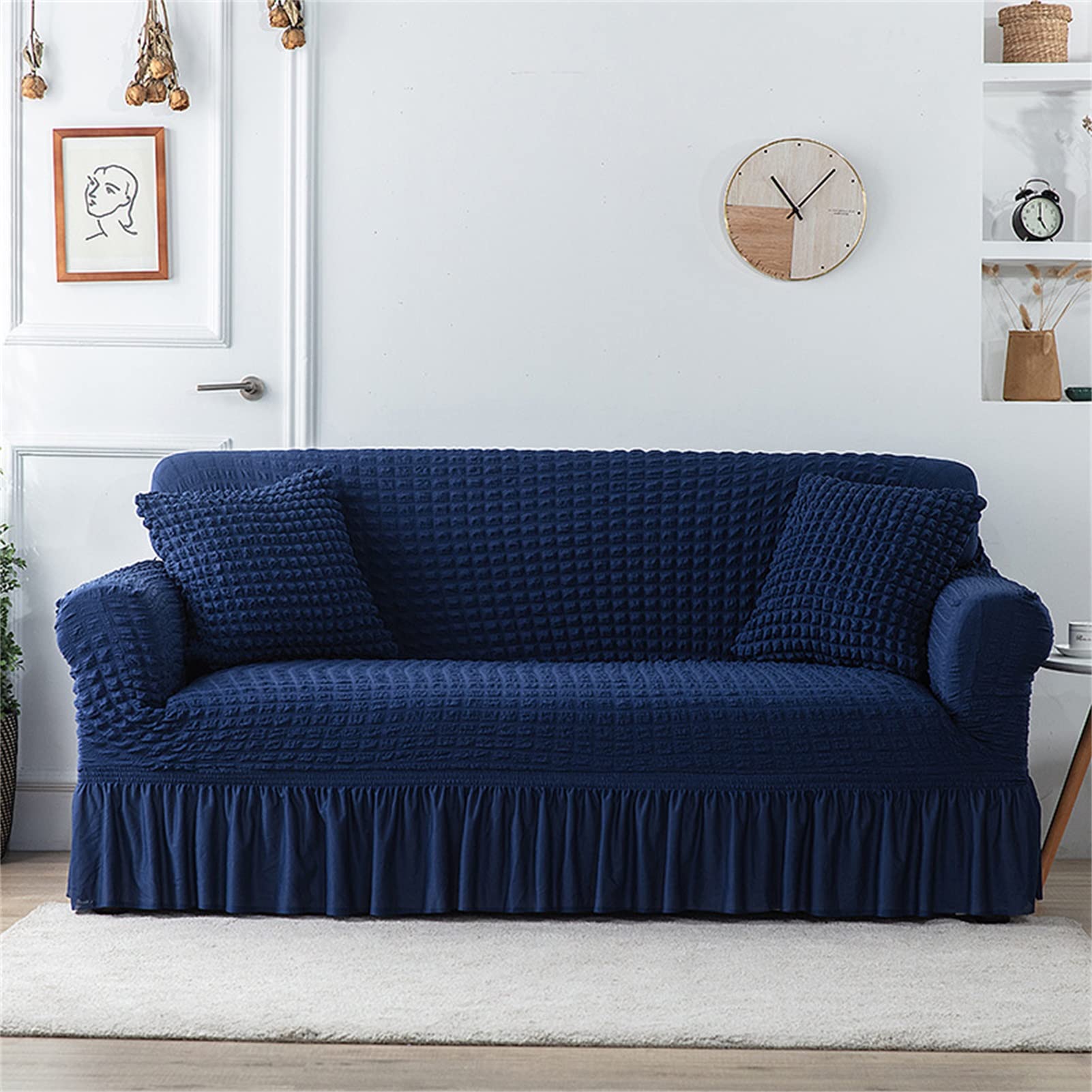 Elastic Seersucker Sofa Cover with Ruffle Skirt - Washable Stretch Slipcover for Couch & Armchair Protector - Perfect for Living Room, Bedroom, and Home Decor (Size #6-L)