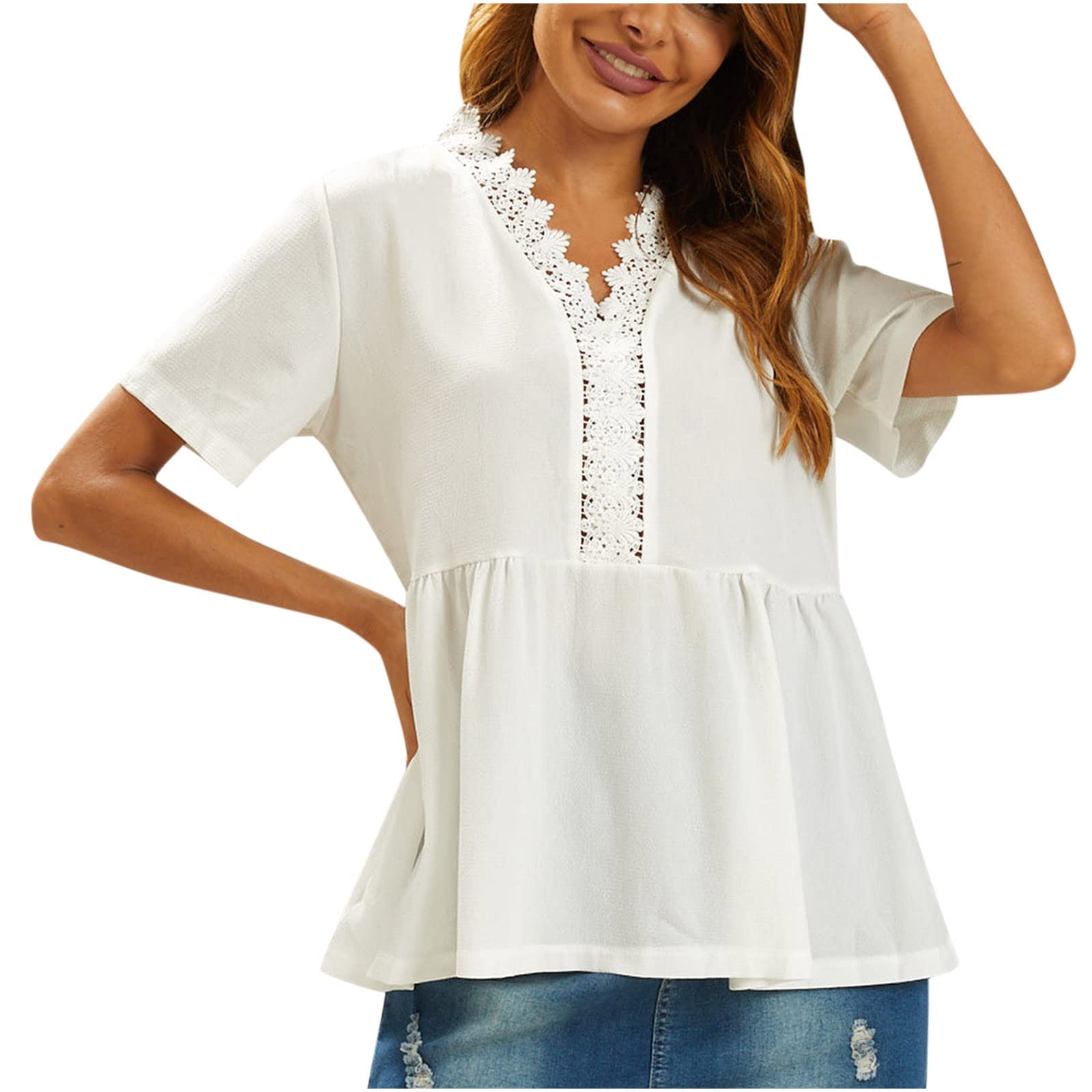 Women's Business Casual 3/4 Sleeve V-Neck Tunic Top with Pleated Detail & Smocked Ruffle Hem - Perfect for Office Wear, Business Meetings & Professional Outfits