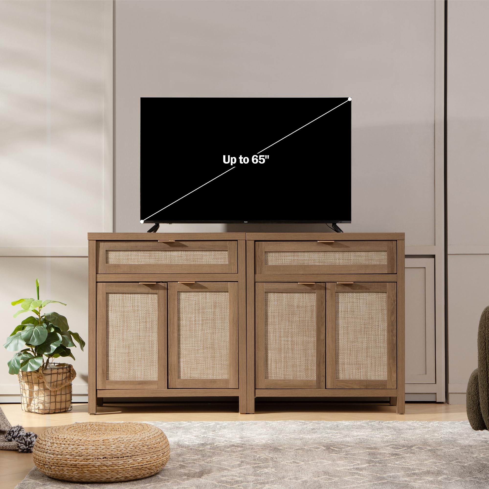 SICOTAS 2-Piece Rattan Sideboard Buffet Cabinet Set, Boho Farmhouse Credenza Storage with Drawers, Natural Oak Console Table for Coffee Bar, Entryway, Living & Dining Room - Perfect for Home Decor, Entertaining & Storage Solutions