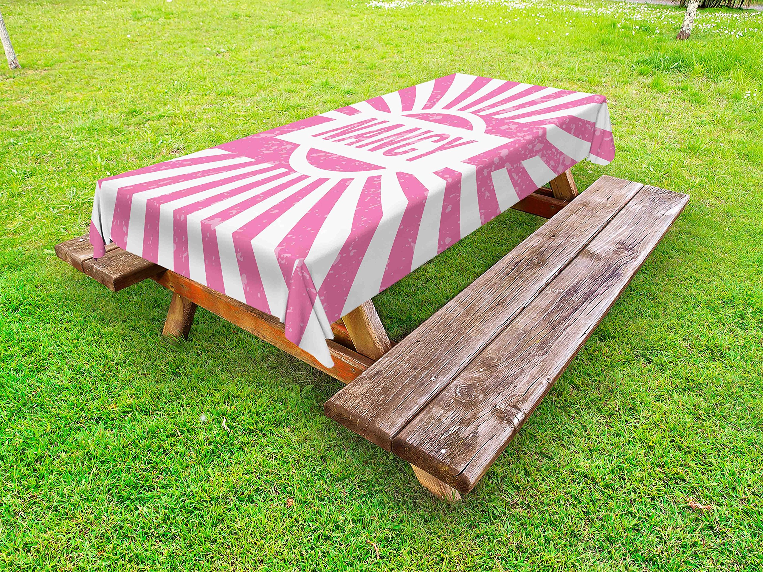 Ambesonne Nancy Outdoor Tablecloth - Retro Style Pink and White Washable Picnic Table Cover 58