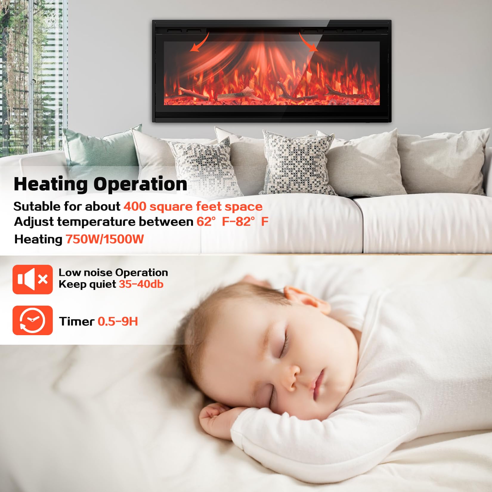 50 Inch Recessed Electric Fireplace with Remote - Wall Mounted Heater with Adjustable Flame Colors & Timer (750W/1500W) - Perfect for Living Room, Bedroom & Office - Black