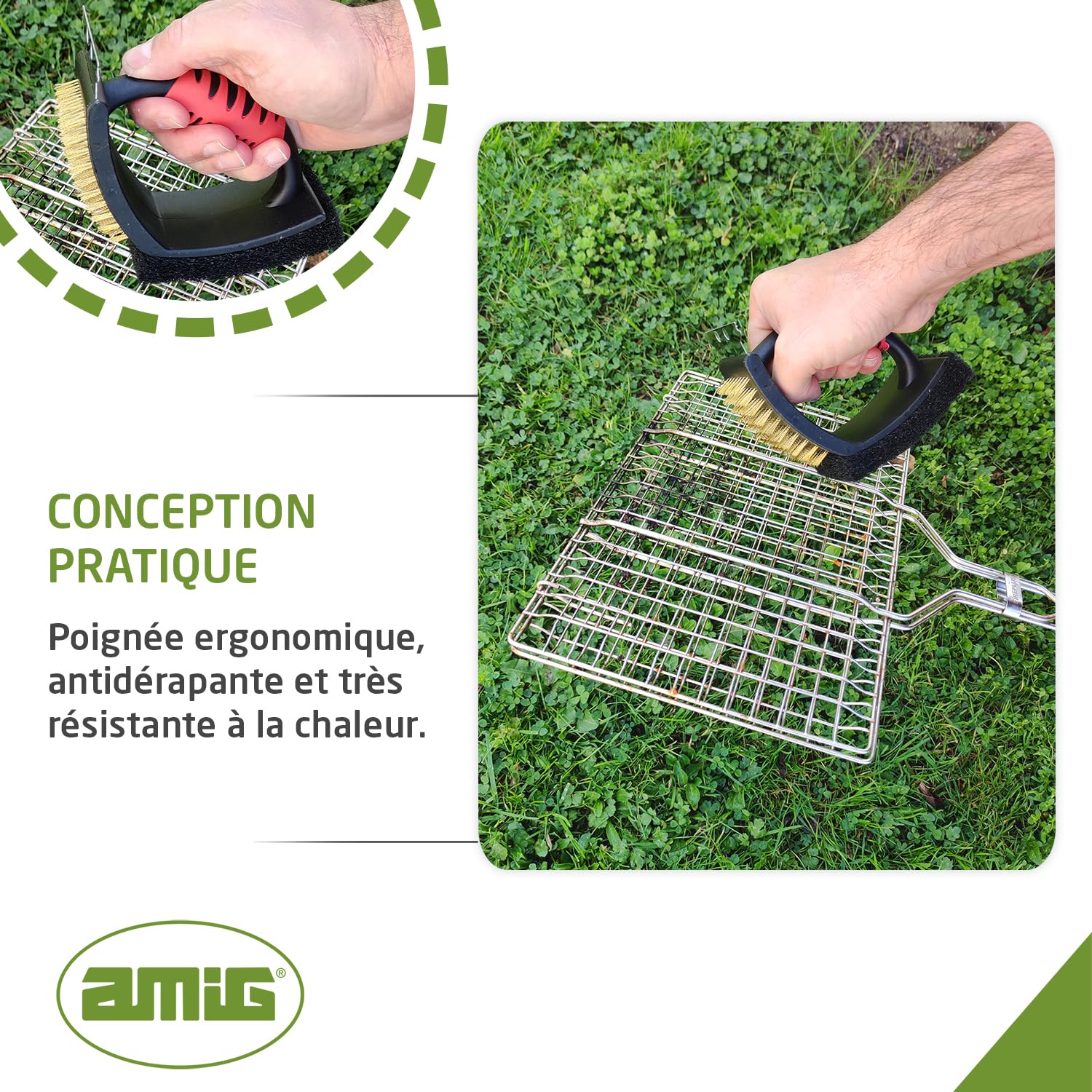 Amig 3-in-1 BBQ Grill Cleaning Brush with Scraper & Scourer - Heavy Duty Stainless Steel Bristles for Charcoal, Gas & Electric Grills - Perfect for Outdoor Cooking, Backyard BBQs & Camping (16.5x11.5x7cm)
