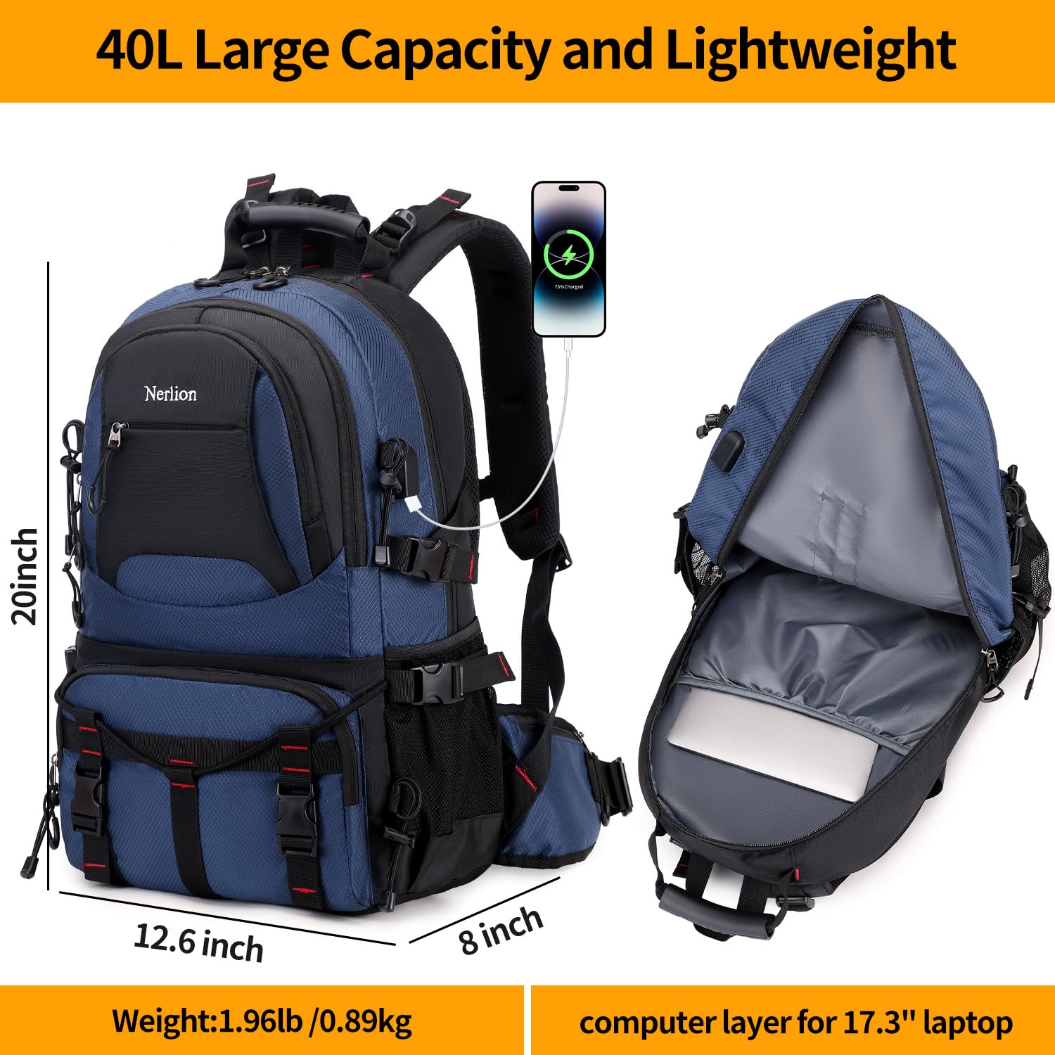 Nerlion 40L Lightweight Waterproof Hiking Backpack for Men & Women - Durable Outdoor Travel Backpack for Camping, Trekking & Day Trips (Blue) | Perfect for Hiking, Travel & Daily Commute