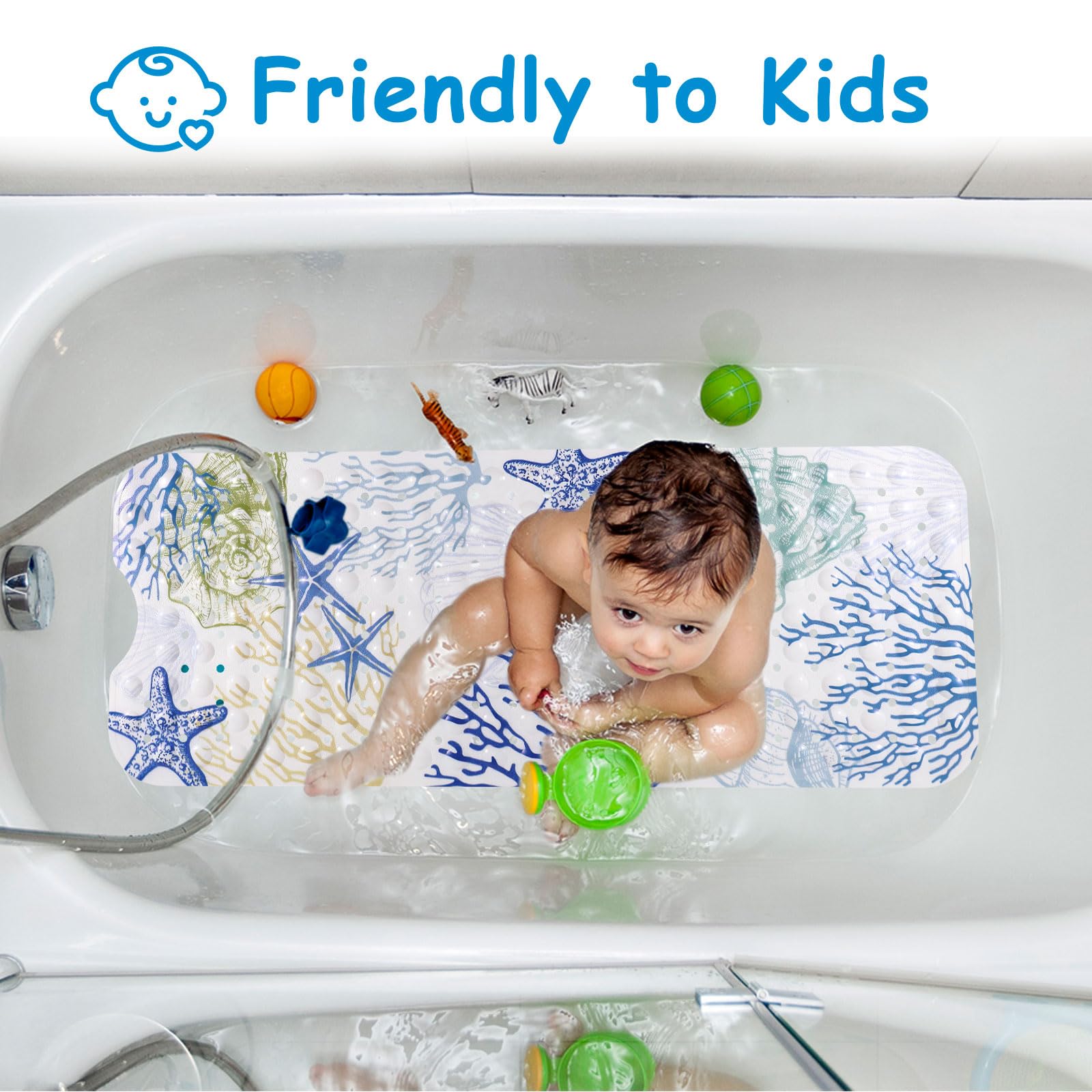 Topotdor Non-Slip Bath Mat for Shower & Tub - 40x16 Inch Extra Long Bathtub Mat with Suction Cups & Drain Holes, Machine Washable Bathroom Floor Mat for Elderly, Kids & Adults - Coastal Starfish Coral Design - Perfect for Beach House, Spa & Coastal-Themed Bathrooms