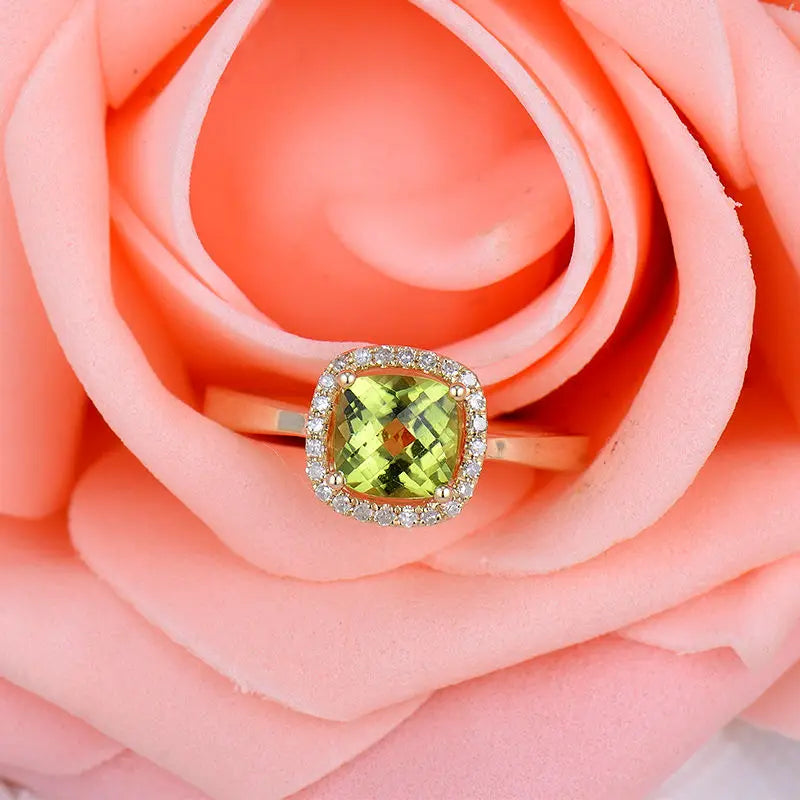 14K Yellow Gold Cushion Cut Peridot Engagement Ring with Natural Diamond Accents 6x6mm - Perfect for Proposals, Anniversaries & Special Occasions