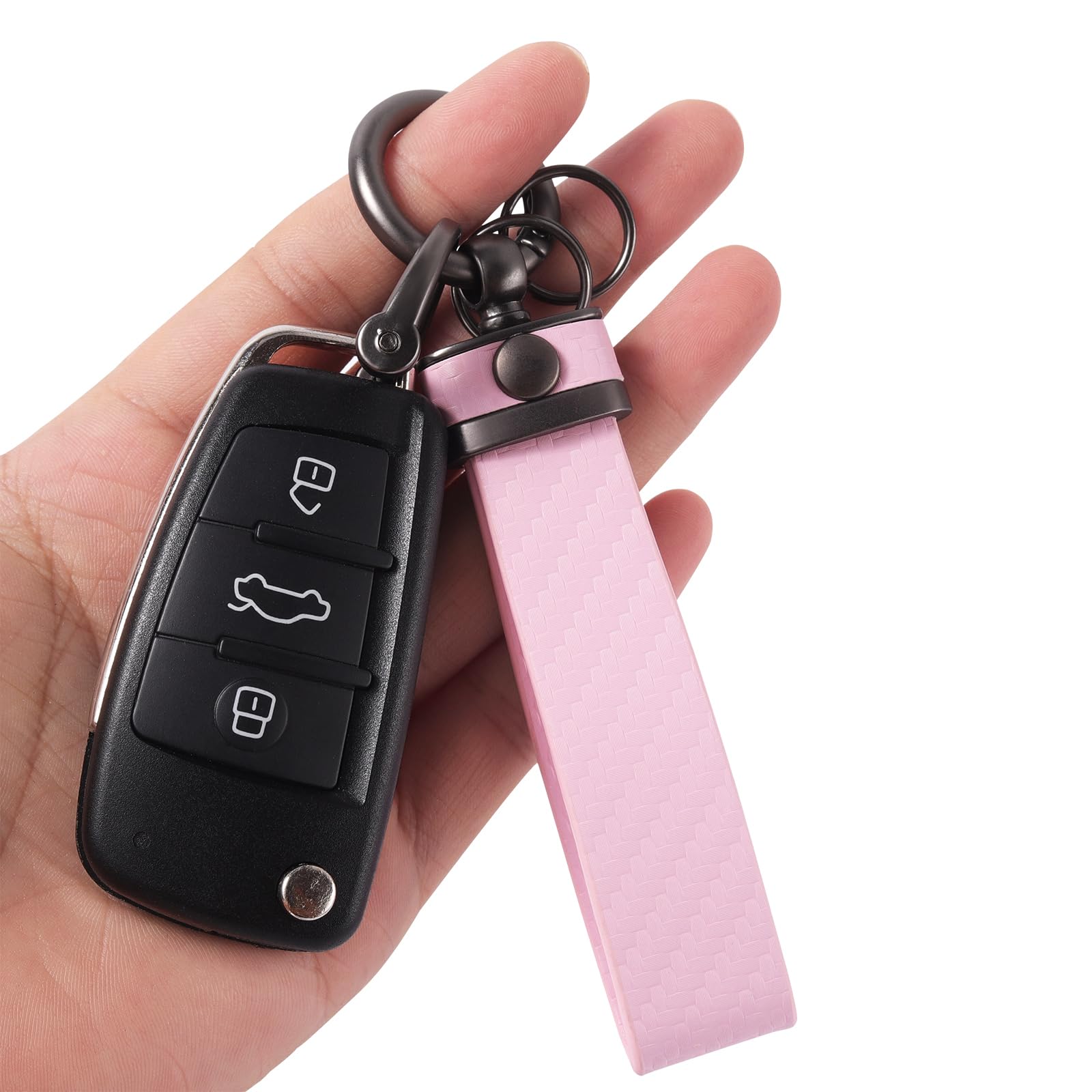 Premium Carbon Fiber Car Keychain with Microfiber Leather - Universal Key Holder for Men & Women - Anti-Lost D-Ring Key Fob (Light Pink) - Perfect for Car Keys, House Keys & Everyday Carry Accessories