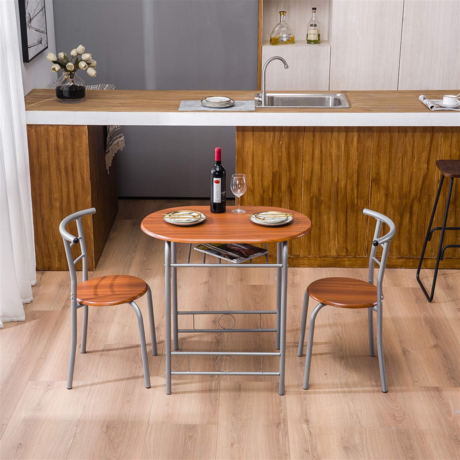 Modern 3-Piece Wood Dining Table Set with 2 Stools, Contemporary Brown Kitchen Breakfast Table for Home, Perfect for Small Spaces and Compact Living Rooms