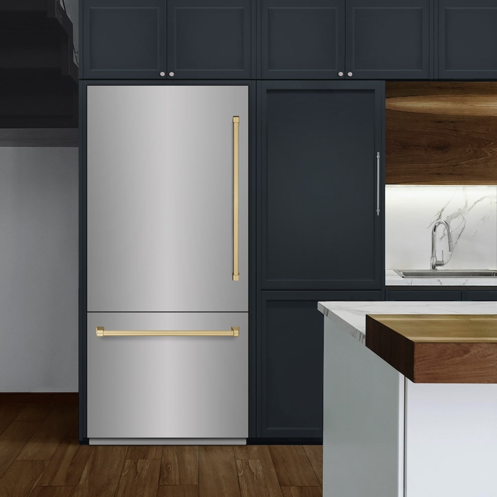 ZLINE Autograph Edition 36 Inch Built-In Bottom Freezer Refrigerator - 19.8 cu.ft Capacity, Stainless Steel with Graphite Gray Interior & Champagne Bronze Accents, Water Dispenser & Ice Maker - Perfect for Modern Kitchens & Open-Concept Homes (GRBITZ 304 36CB)