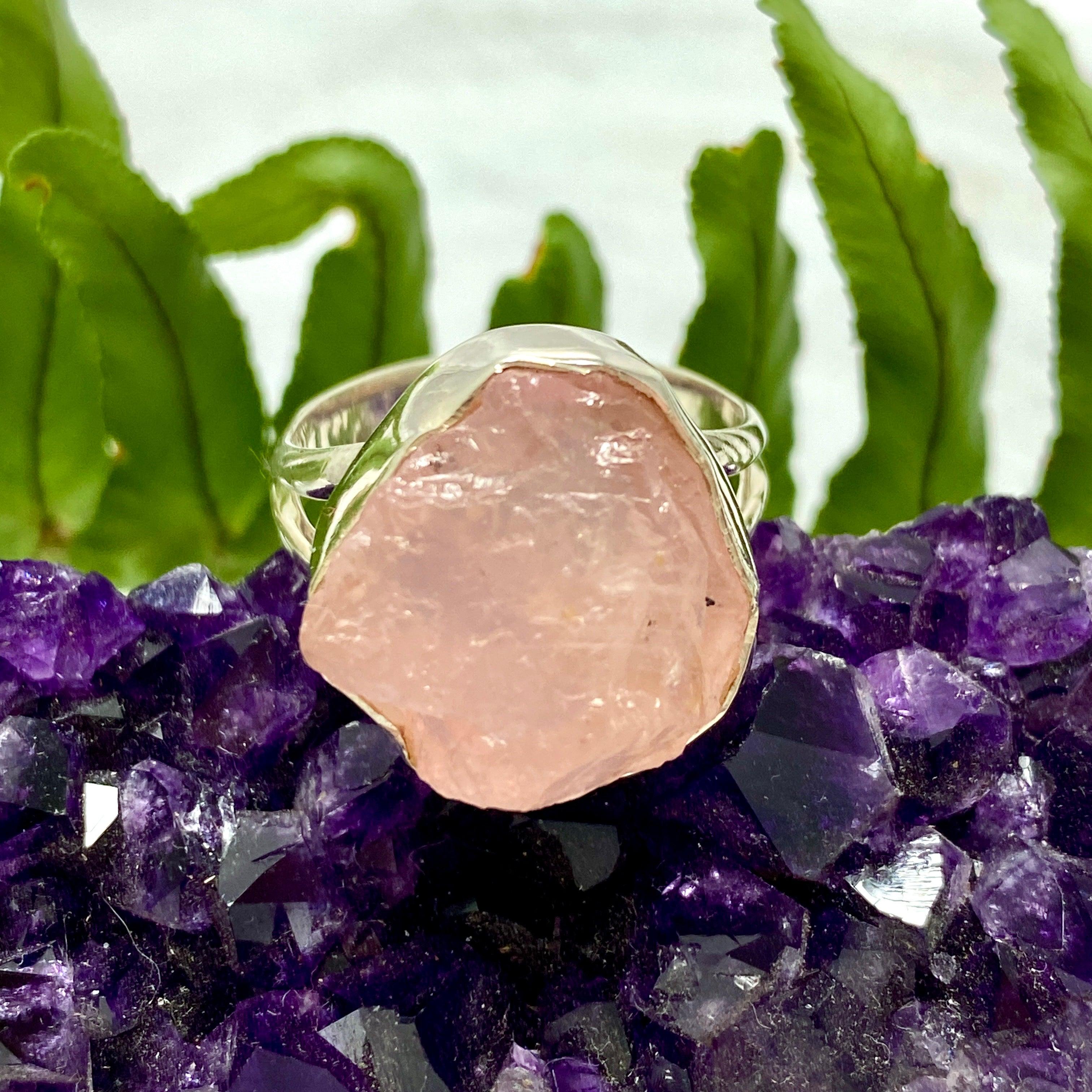 Natural Rose Quartz Raw Stone Ring - Size 9.5 - KRGJ2013 - Healing Crystal Jewelry for Meditation, Energy Balancing & Spiritual Gifts