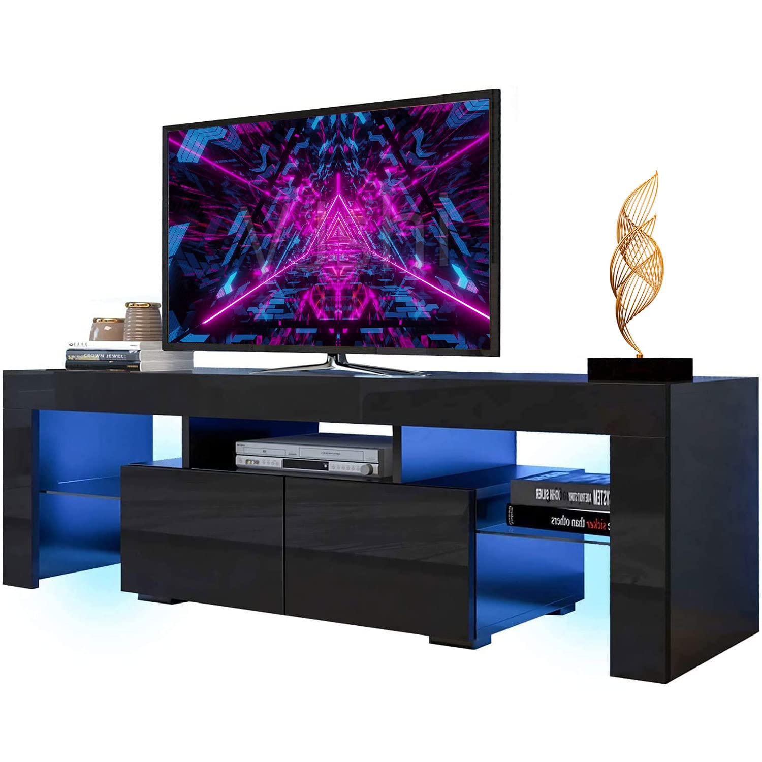 65-70 Inch Glossy Black LED TV Stand with 2 Large Storage Drawers & Built-in LED Lights - Modern Entertainment Center & Media Console Table for Living Room, Perfect for Home Theater Setup & Living Room Organization