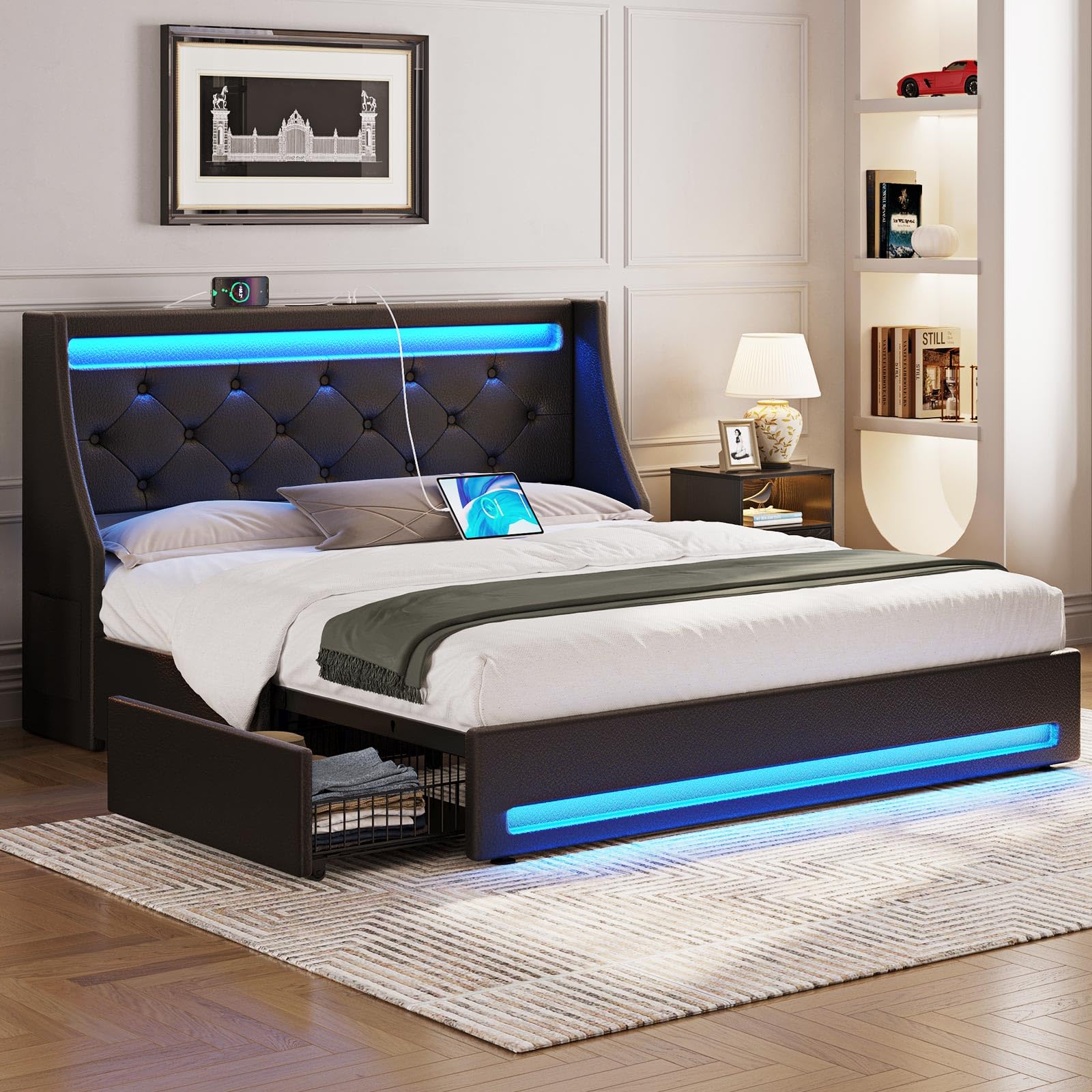 Rolanstar Queen Size Bed Frame with 4 Storage Drawers, USB Charging Station & LED Lights - Upholstered PU Leather Platform Bed with Heavy Duty Wooden Slats, No Box Spring Needed, Quiet & Easy Assembly | Perfect for Small Bedrooms, Guest Rooms & Modern Apartments