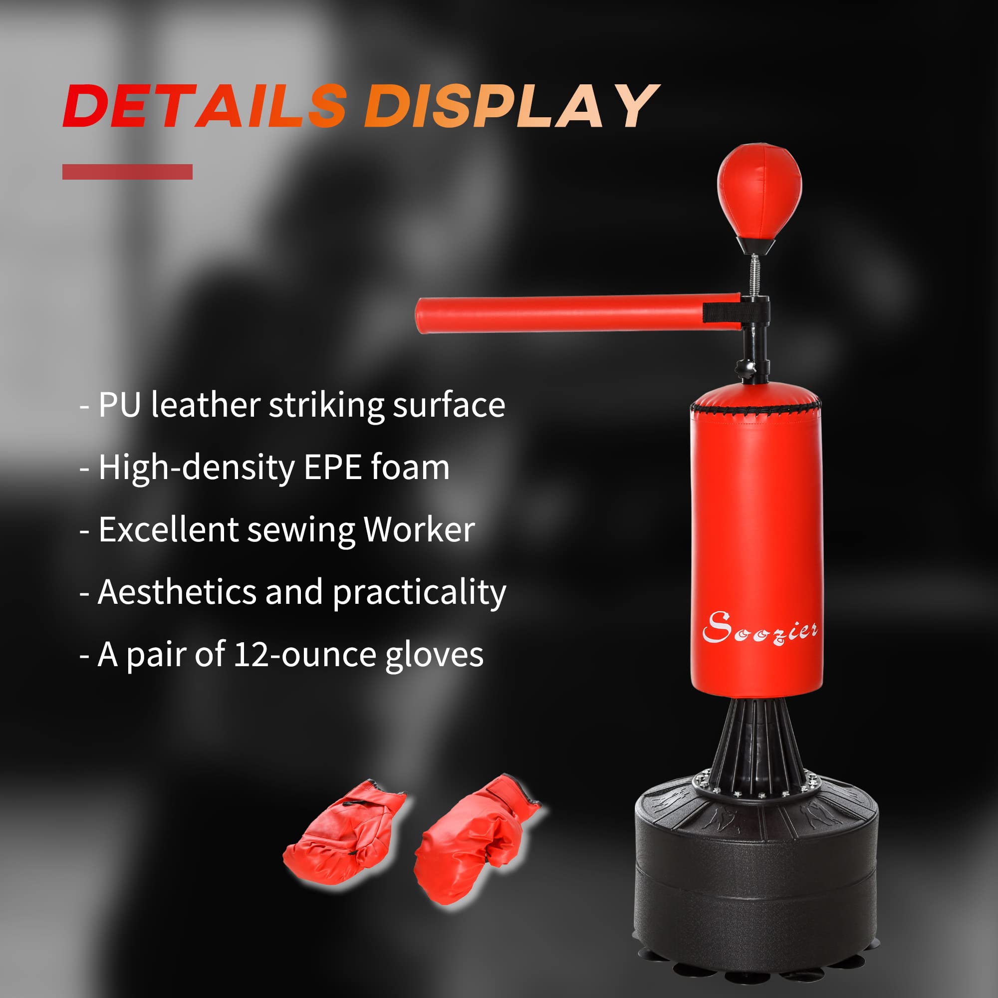 Soozier Freestanding Punching Bag Stand with Rotating Flexible Arm - Adjustable Speed Ball - Water/Sand Fillable Base for Boxing Training, Home Gym & Martial Arts Practice