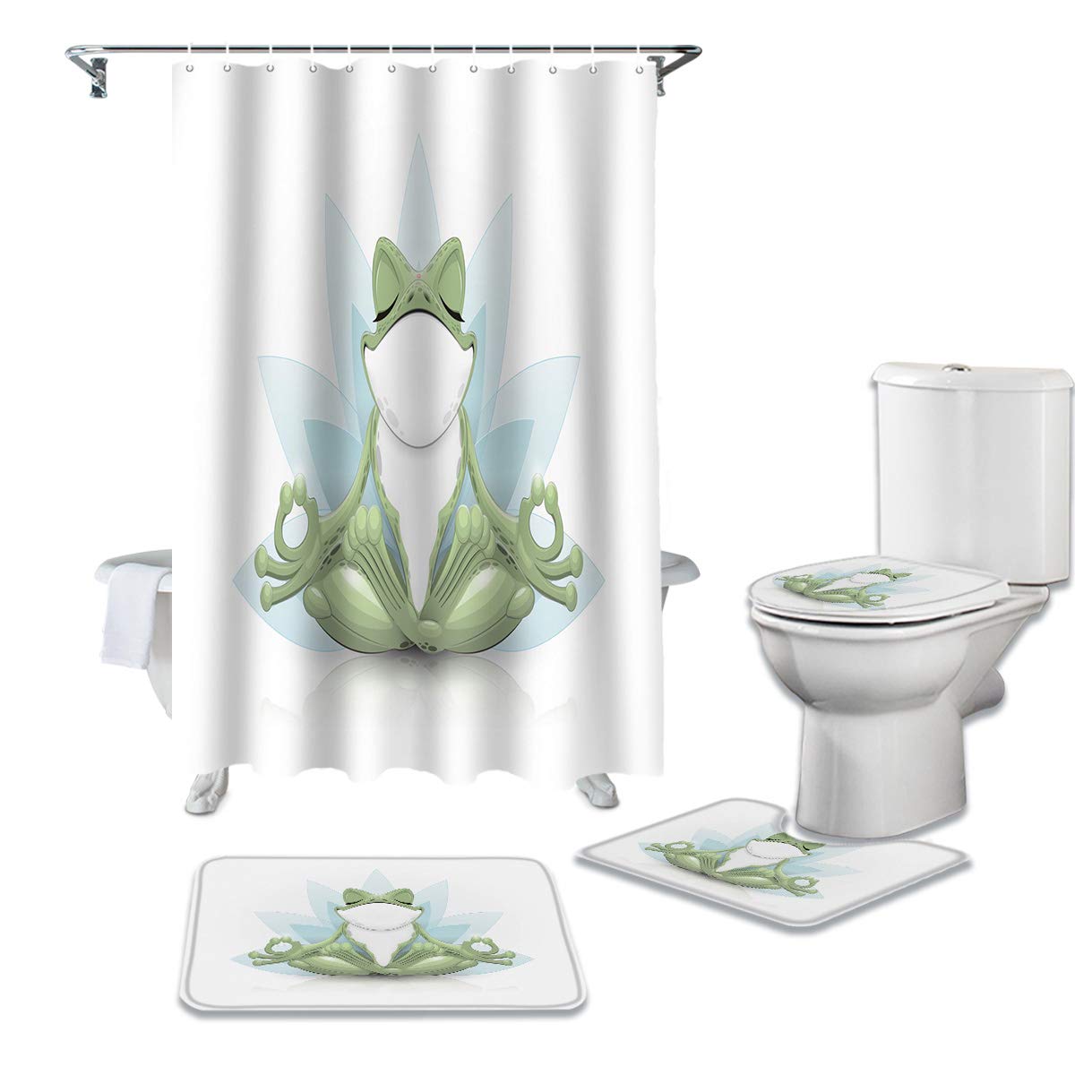 ALAGEO 4-Piece Shower Curtain Set - Funny Frog Lotus Art Painting Bathroom Decor with Non-Slip U-Shape Rug, Toilet Lid Cover & Bath Mat - Green Waterproof Bathroom Accessories for Kids & Adults (Perfect for Bathroom Makeover & Themed Decor)