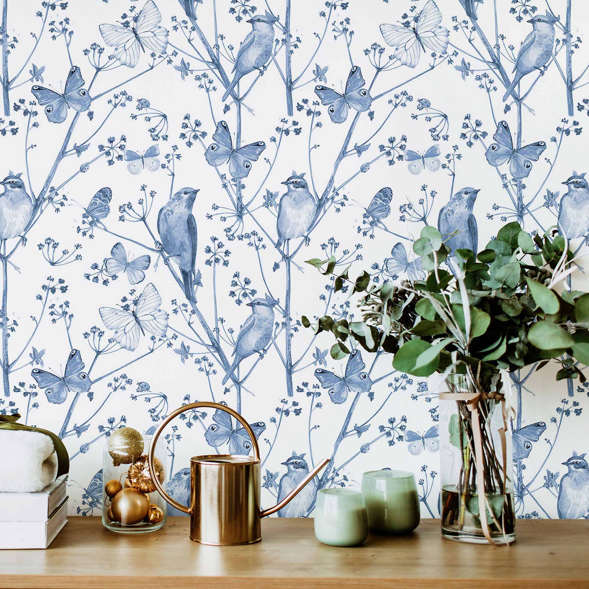 Blue Birds Peel and Stick Removable Wallpaper - Self-Adhesive Decorative Wall Covering for Bedroom, Nursery, Living Room & Home Decor - Easy to Install & Remove - Pattern 5094
