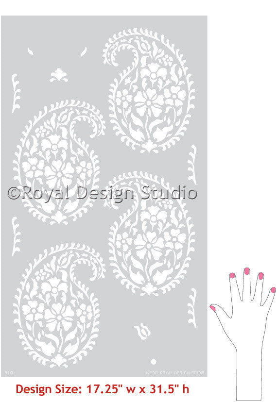 Printed Indian Paisley Damask Wall Stencils - Reusable DIY Home Decor Templates for Bedroom, Living Room & Nursery Wall Painting