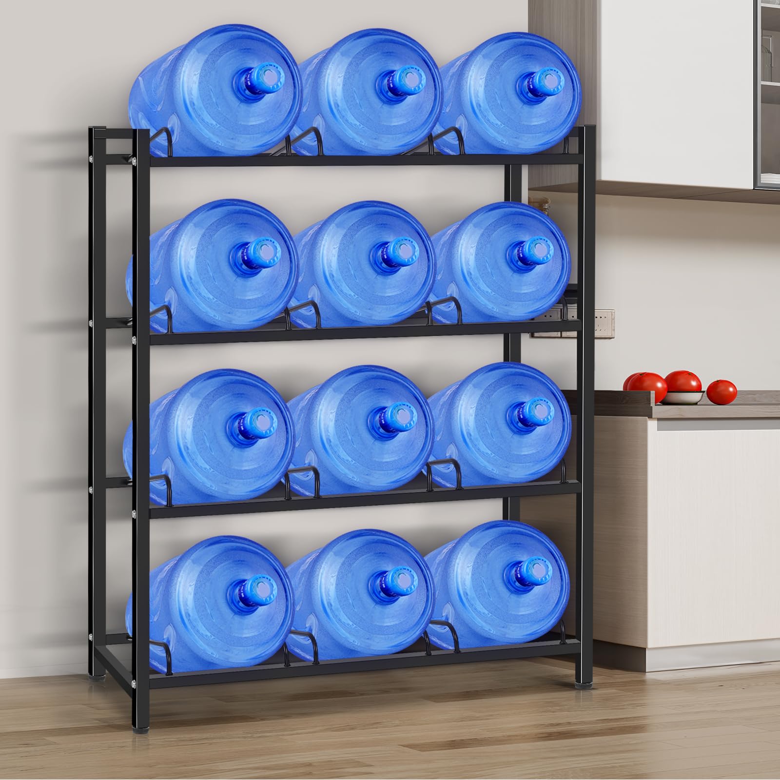 Heavy Duty 4-Tier 5 Gallon Water Jug Holder - Sturdy Storage Rack for 12 Bottles Without Wobbling - Upgraded Thickened Design for Home, Office, Kitchen, Warehouse & Garage (Black) - Perfect for Water Bottle Organization in Pantries, Break Rooms and Emergency Preparedness