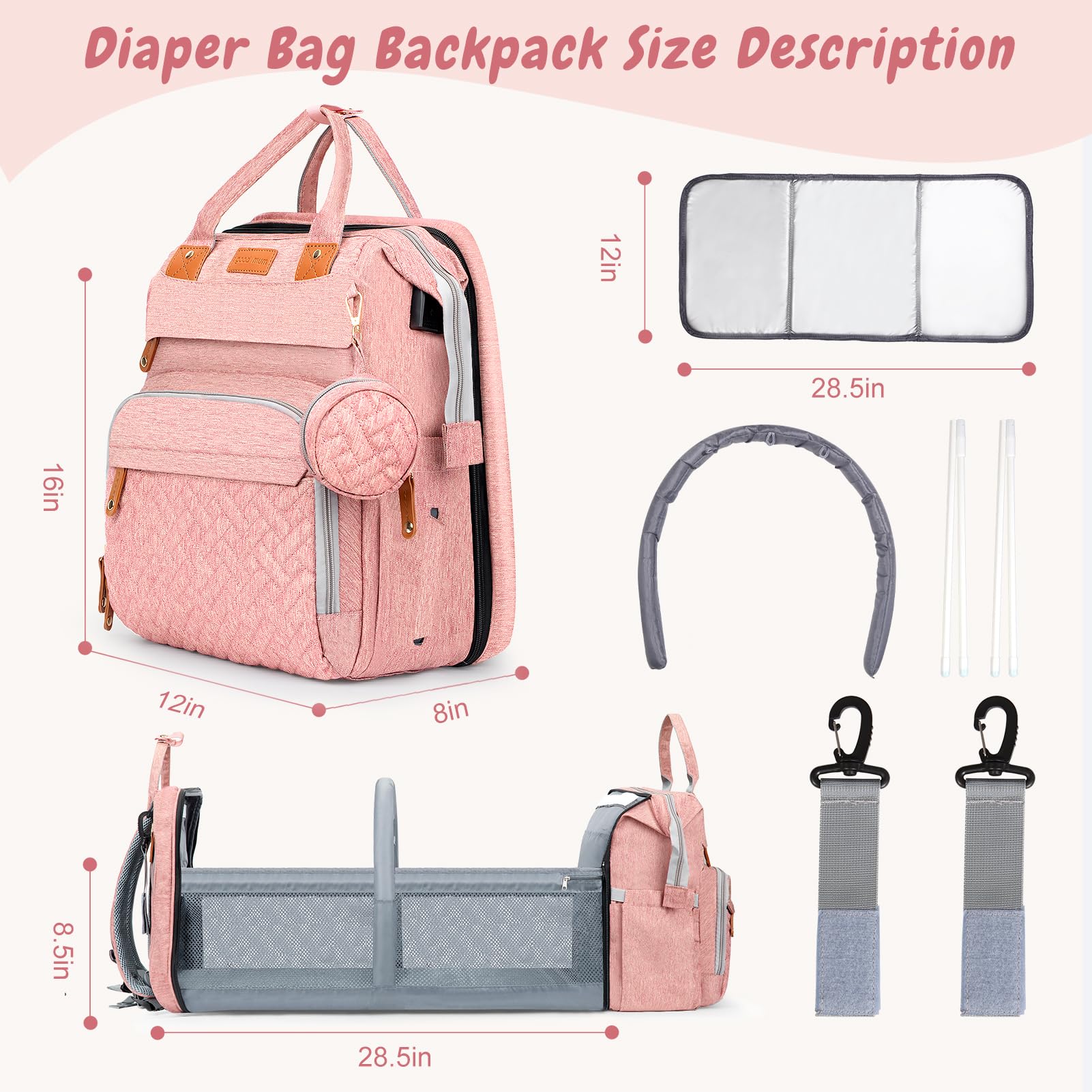 JOYCE Large Diaper Backpack with Changing Station - Multi-functional Baby Bag for Travel & Daily Use - Spacious & Stylish Pink Diaper Bag - Perfect Gift for New Moms & Newborns - Ideal for Daycare, Outings & Family Trips