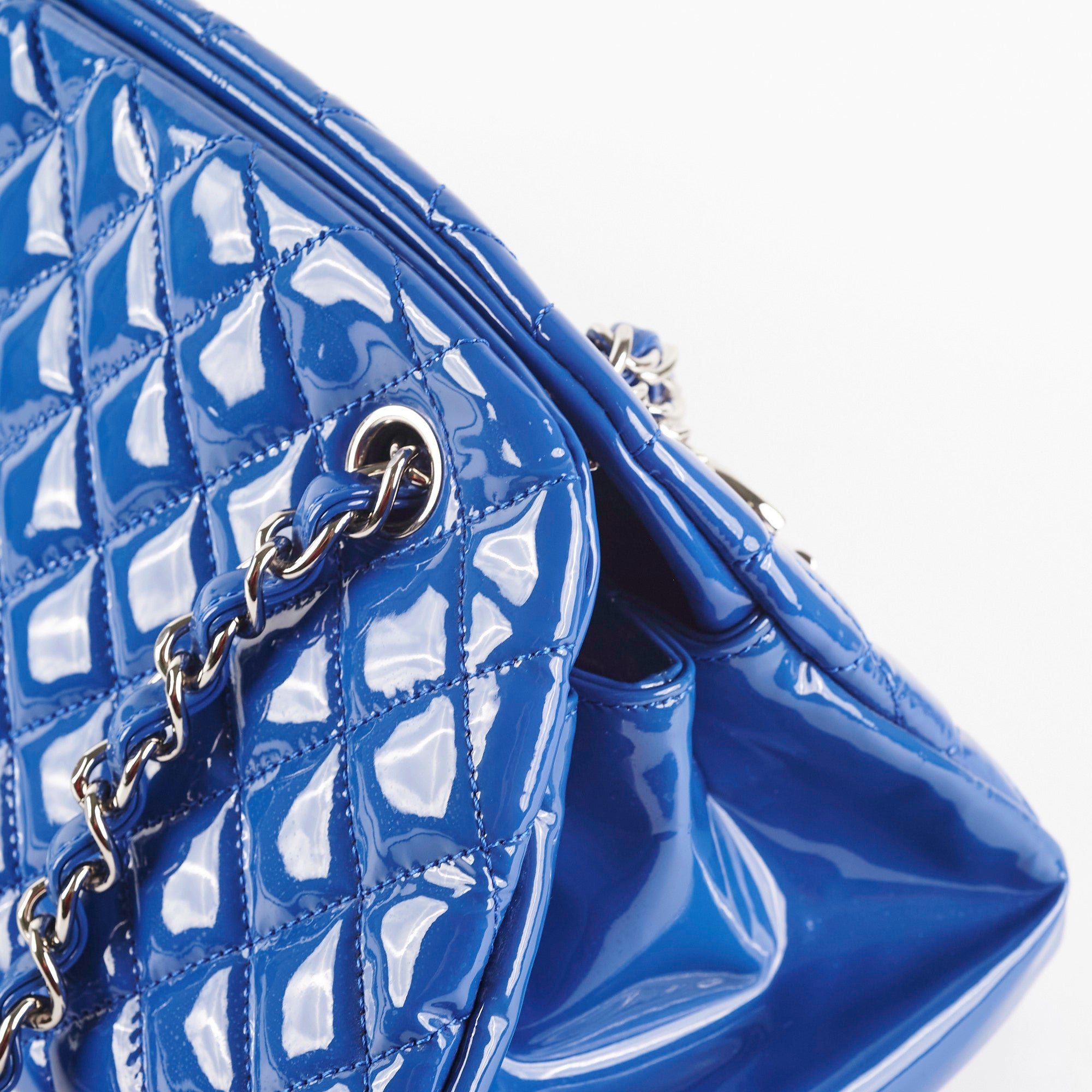 Chanel Just Mademoiselle Patent Leather Blue Bowler Handbag for Women | Luxury Designer Crossbody Purse for Evening Parties & Special Occasions