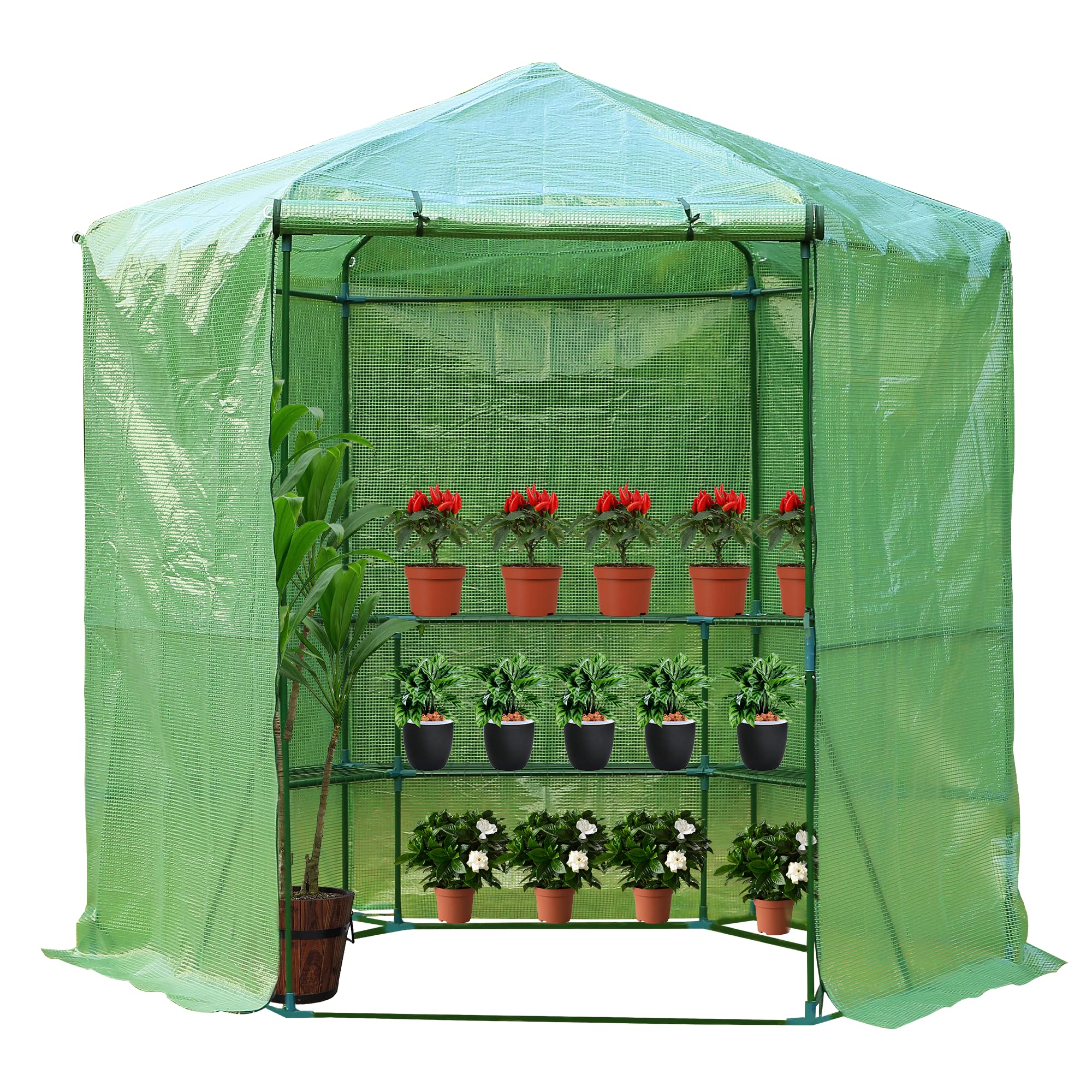 Erommy 7.5FT Portable Greenhouse with 3-Tier Shelves | Hexagonal Walk-in Plant Hot House for Outdoor & Indoor Gardening | Perfect for Seed Starting, Plant Protection & Year-Round Growing