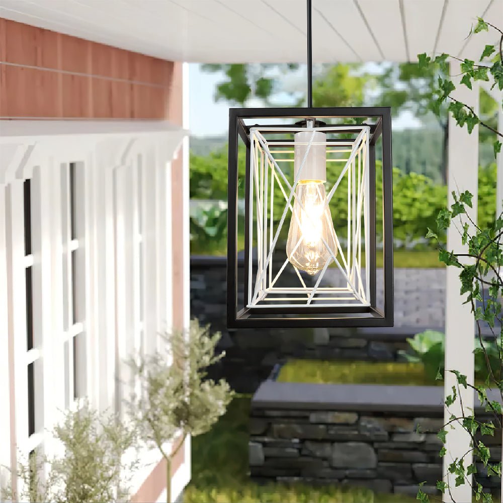 Farmhouse Pendant Light - Adjustable Hanging Light Fixture with Metal Rectangle Cage, 1-Light Lantern Chandelier for Kitchen Island, Dining Room, Hallway & Entryway - Black & White, E26 Base - Perfect for Rustic, Industrial & Modern Home Decor