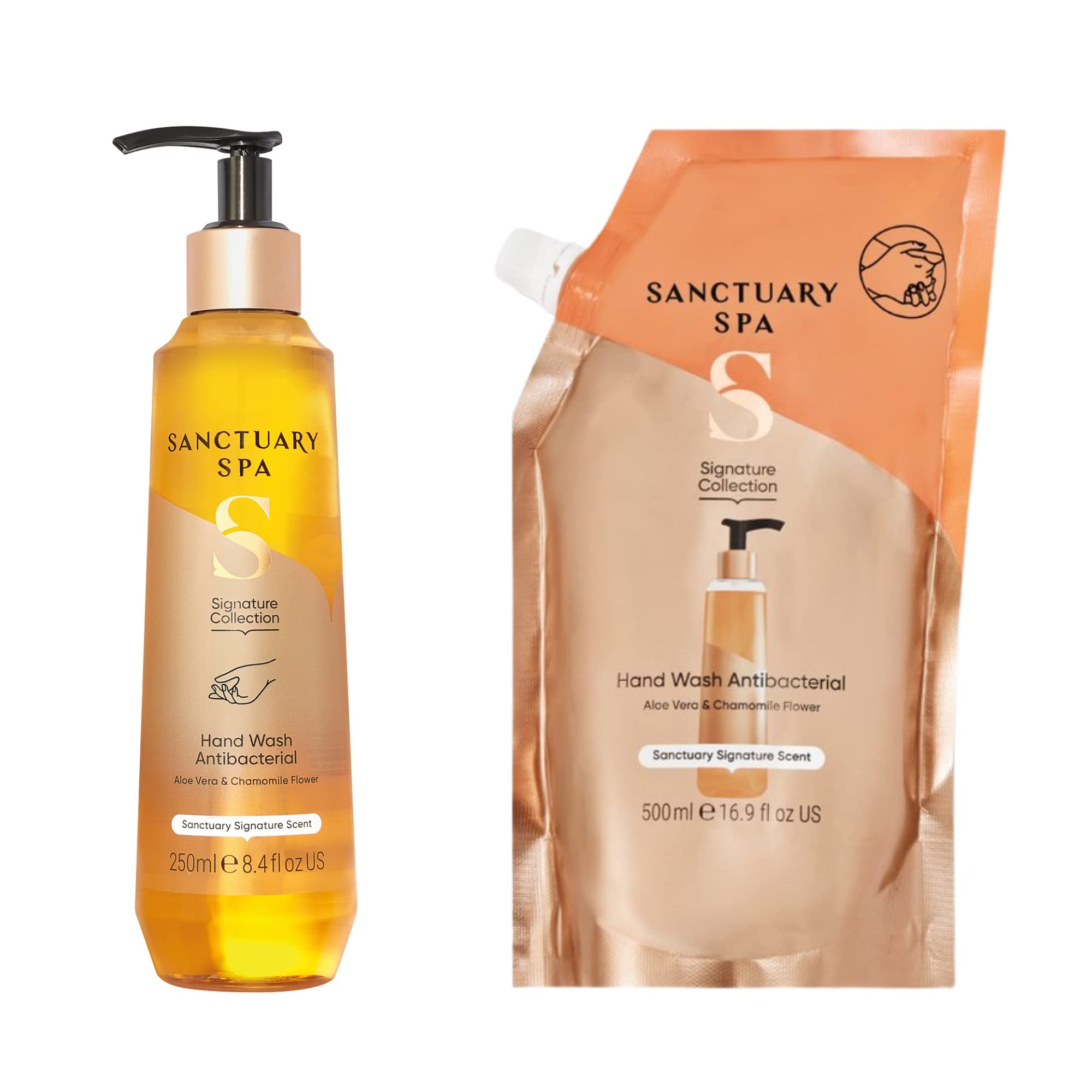 Sanctuary Spa Antibacterial Hand Wash with Refill - Vegan Liquid Soap for Home, Office & Travel - Kills 99.9% Germs - Moisturizing & Gentle Formula - 16oz Bottle + 16oz Refill Pack