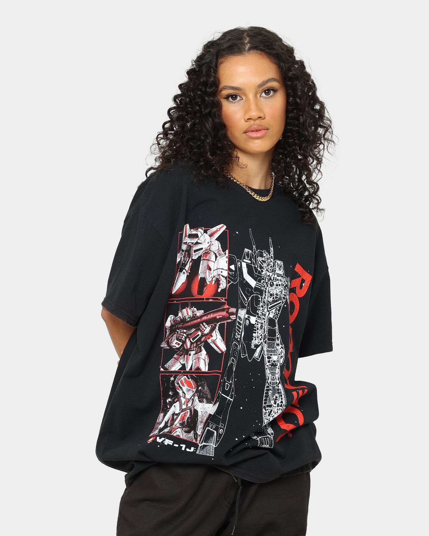 American Thrift X Robotech VFIJ Vintage Washed Black T-Shirt - Retro Anime Fashion for Collectors & Sci-Fi Fans
