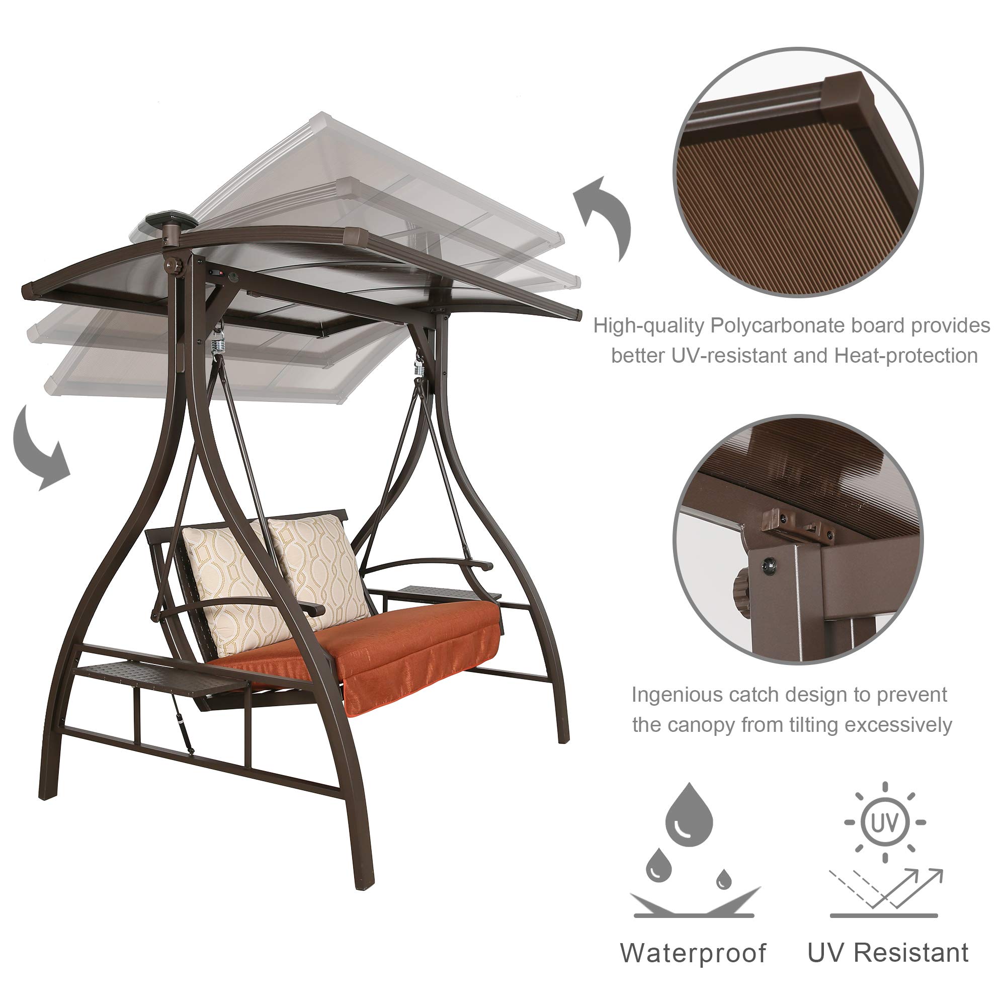Premium 2-Seat Patio Swing with Cushions - Outdoor Porch Swing Chair with Solar Lights & Adjustable Canopy for Backyard, Garden, Deck Relaxation
