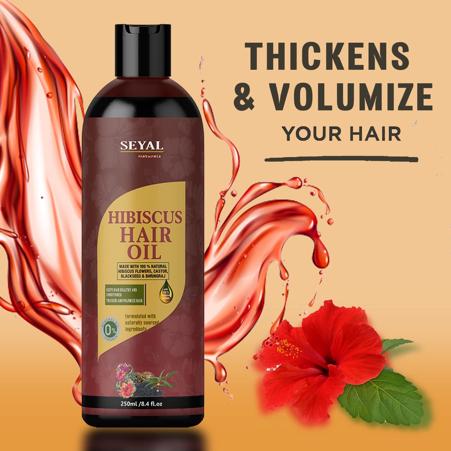 Seyal Hibiscus Hair Oil for Hair Growth & Fall Control - 250ml with Hibiscus Flowers, Castor Oil & Black Seed Oil | Promotes Stronger, Thicker Hair | Perfect for Daily Hair Care & Scalp Massage