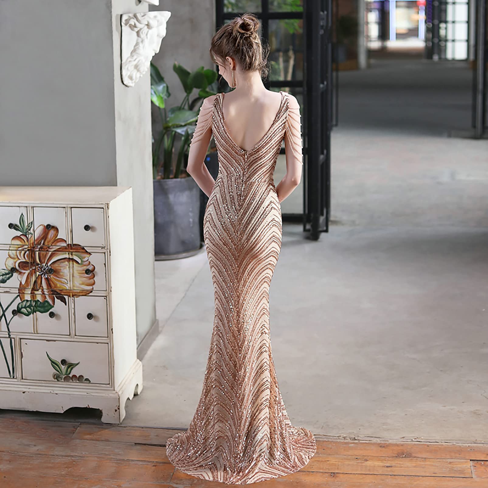 Elegant Silver Sequin Evening Dress for Women - Deep V Neck Beaded Prom Maxi Dress with Long Flowy Skirt | Perfect for Formal Parties, Weddings, and Special Occasions