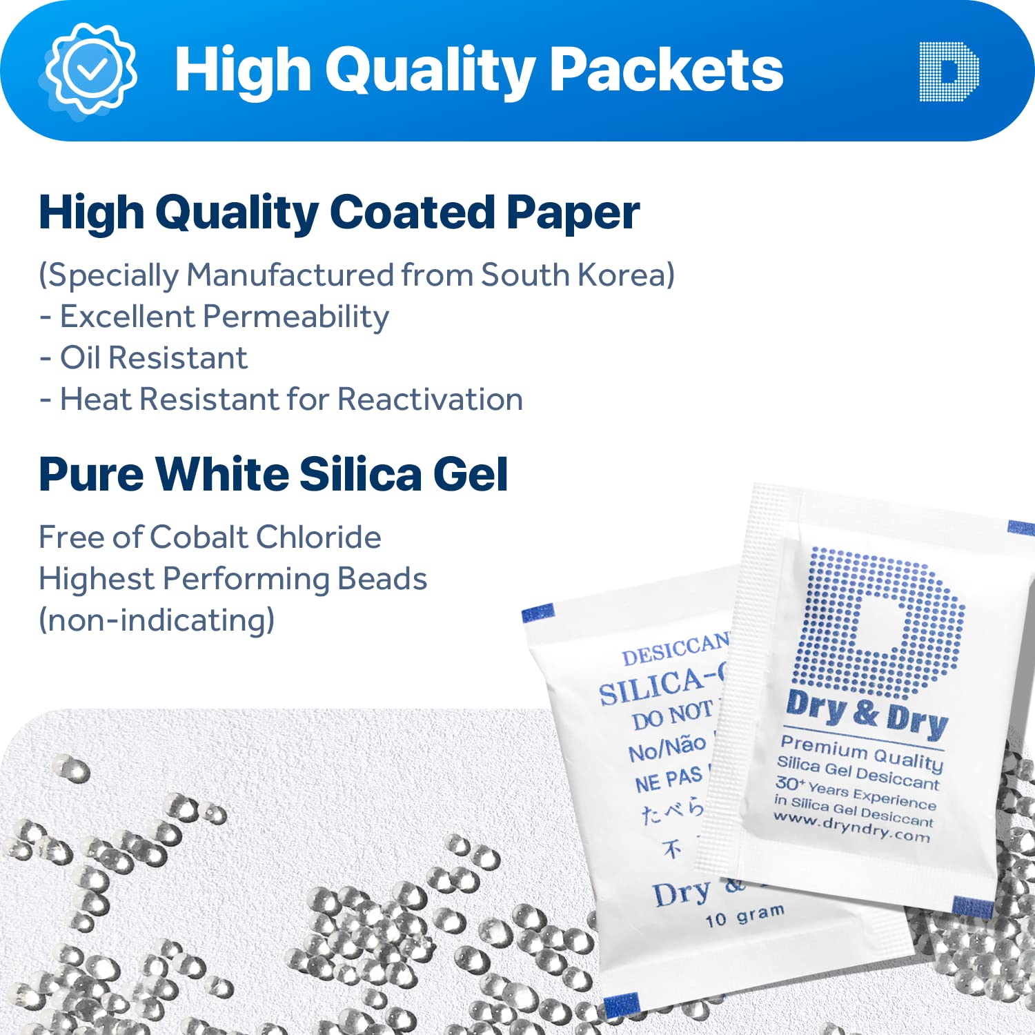 Dry & Dry 10 Gram [1600 Packets] Food Grade Silica Gel Desiccant Packs - Rechargeable Moisture Absorbers for Food Storage, Electronics, Documents & Closet Protection