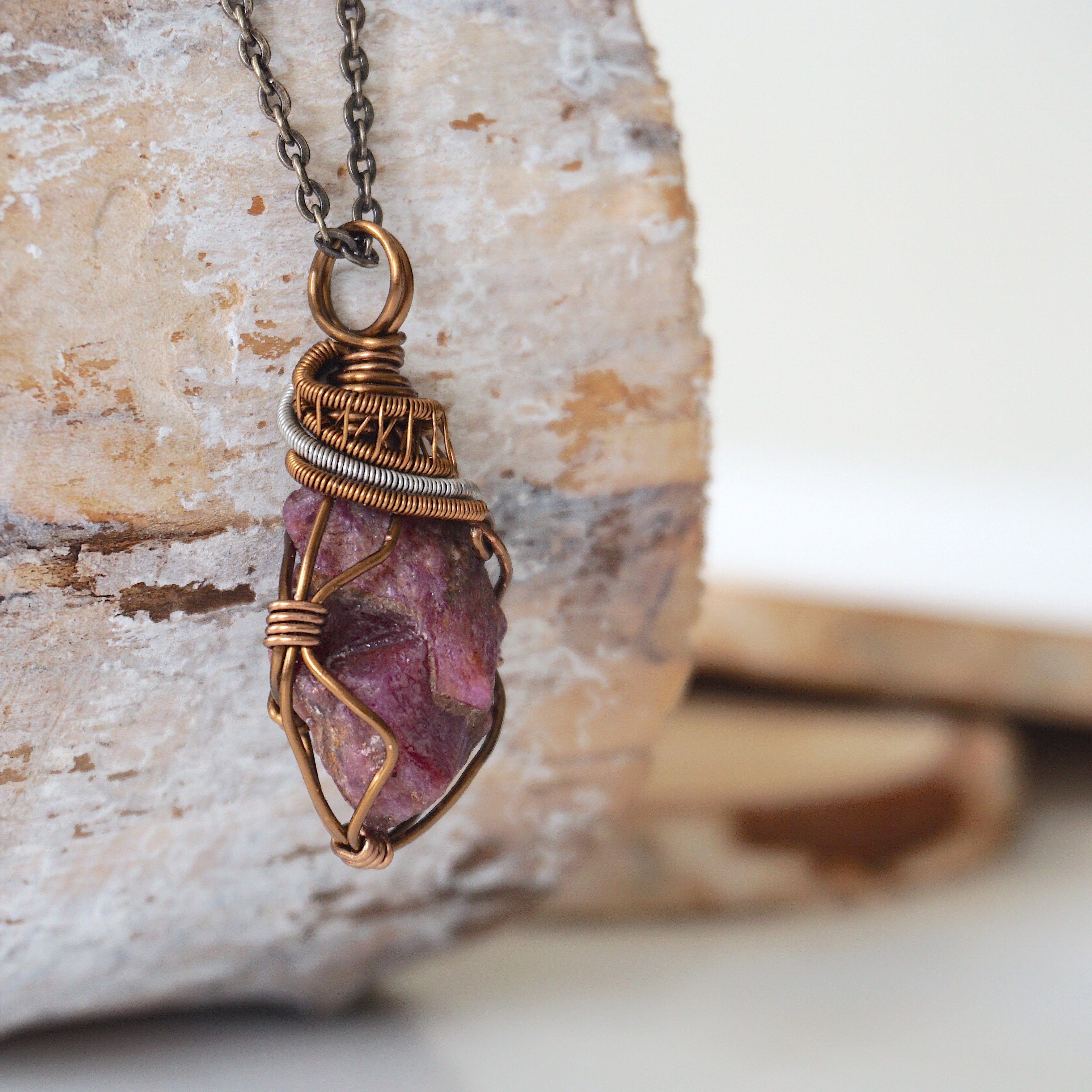 Raw Ruby Necklace in Mixed Wire Antique Bronze - Elegant Bohemian Jewelry for Women, Perfect for Weddings, Parties & Everyday Wear
