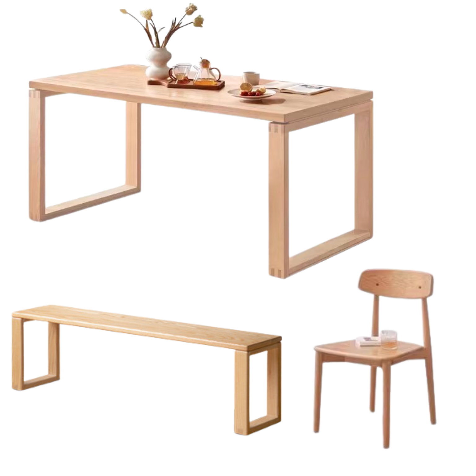 62.9x33.4x29.5 inch / 160x85x75 cm / Natural Wood Color / Oak Dining table + 2 chairs + 1.4 bench