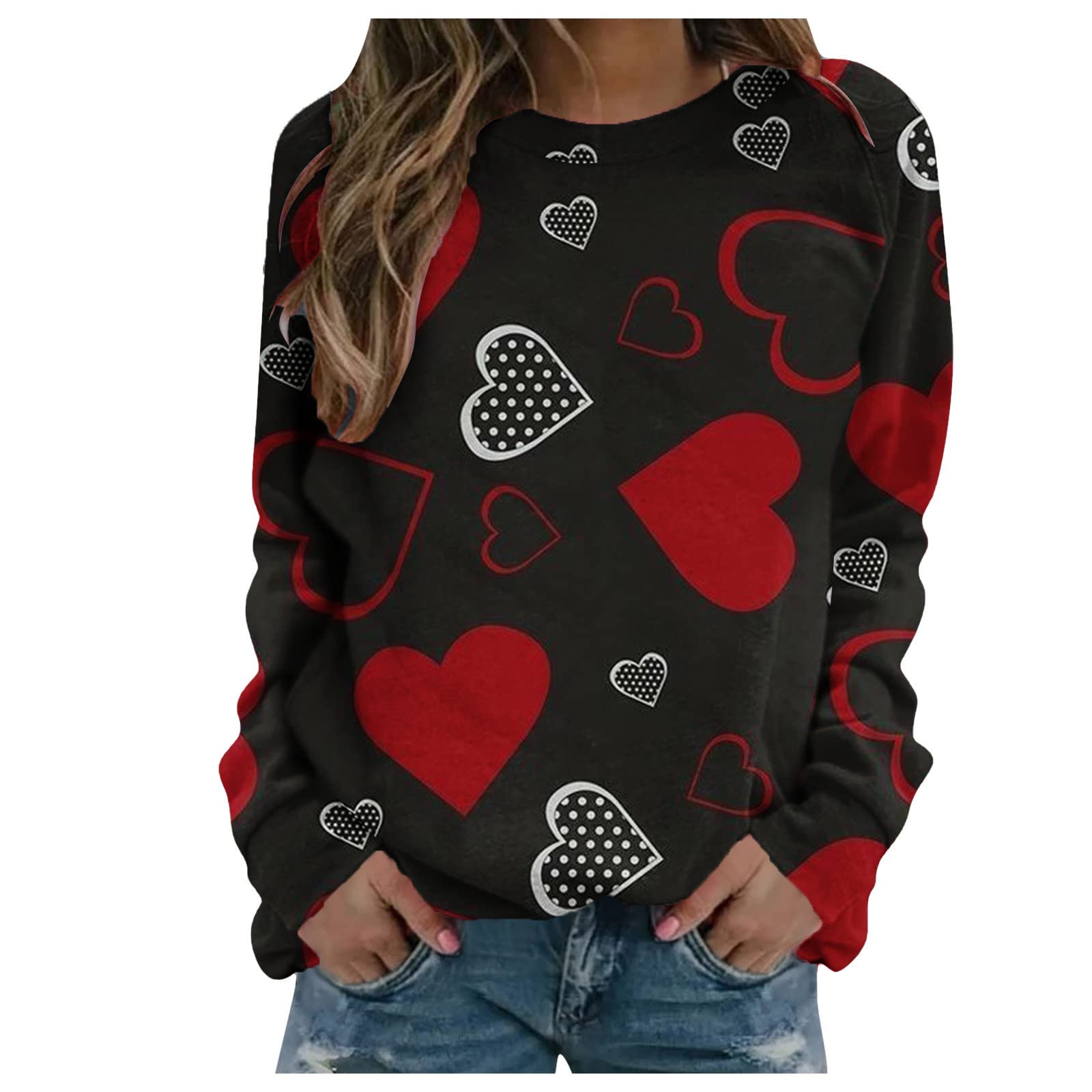 Valentine's Day Women's Fashion Cute Heart Print Crewneck Sweatshirt - Long Sleeve Pullover Top for Women - Perfect for Date Night, Casual Outfits & Gift Giving