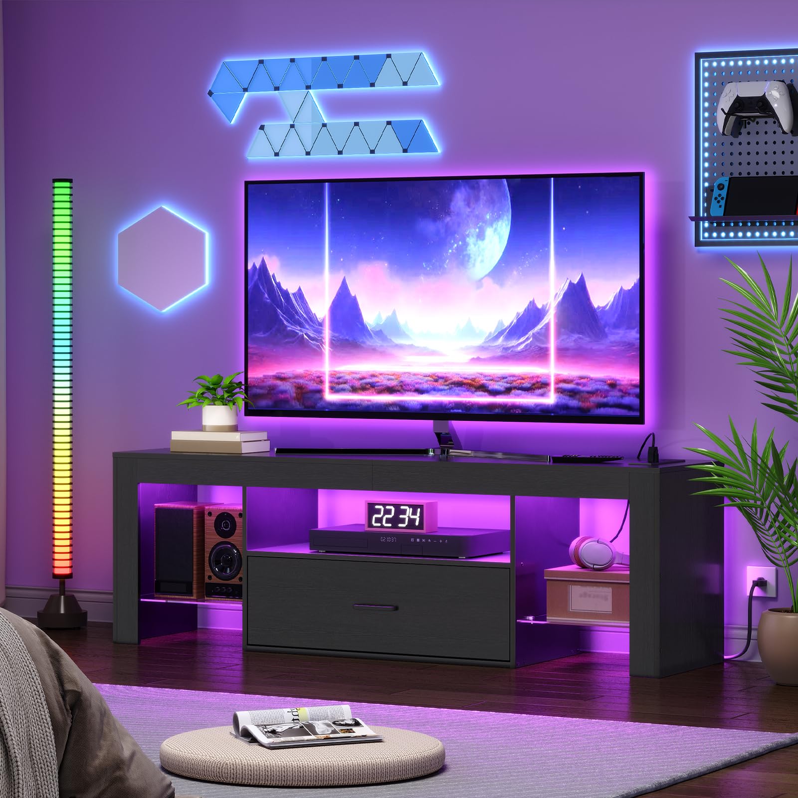 HOOBRO 65 inch LED TV Stand with Power Outlets, Modern Gaming Entertainment Center with Glass Shelves & Large Storage Drawer - Media Console Table for Living Room, Bedroom (Black BB14UDDS01G1) | Perfect for Home Theater Setup & Gaming Stations