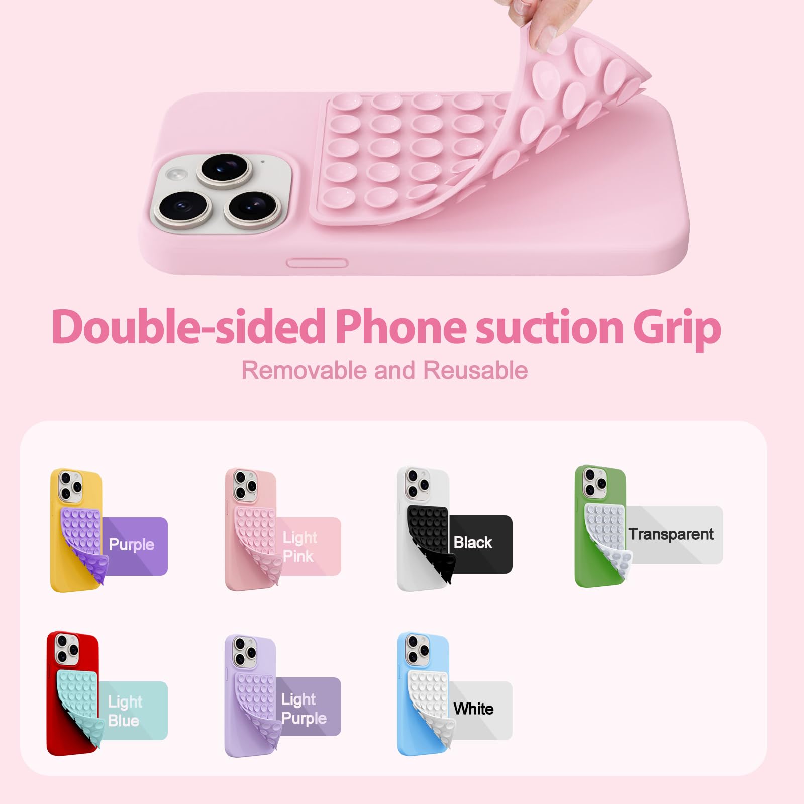 2 Pack Light Pink Silicone Octo Cup Buddy Sticky Grip Holder - Double Sided Suction Cup Phone Case Mount for Hands-Free Selfies, Videos, and Car Dashboard Use