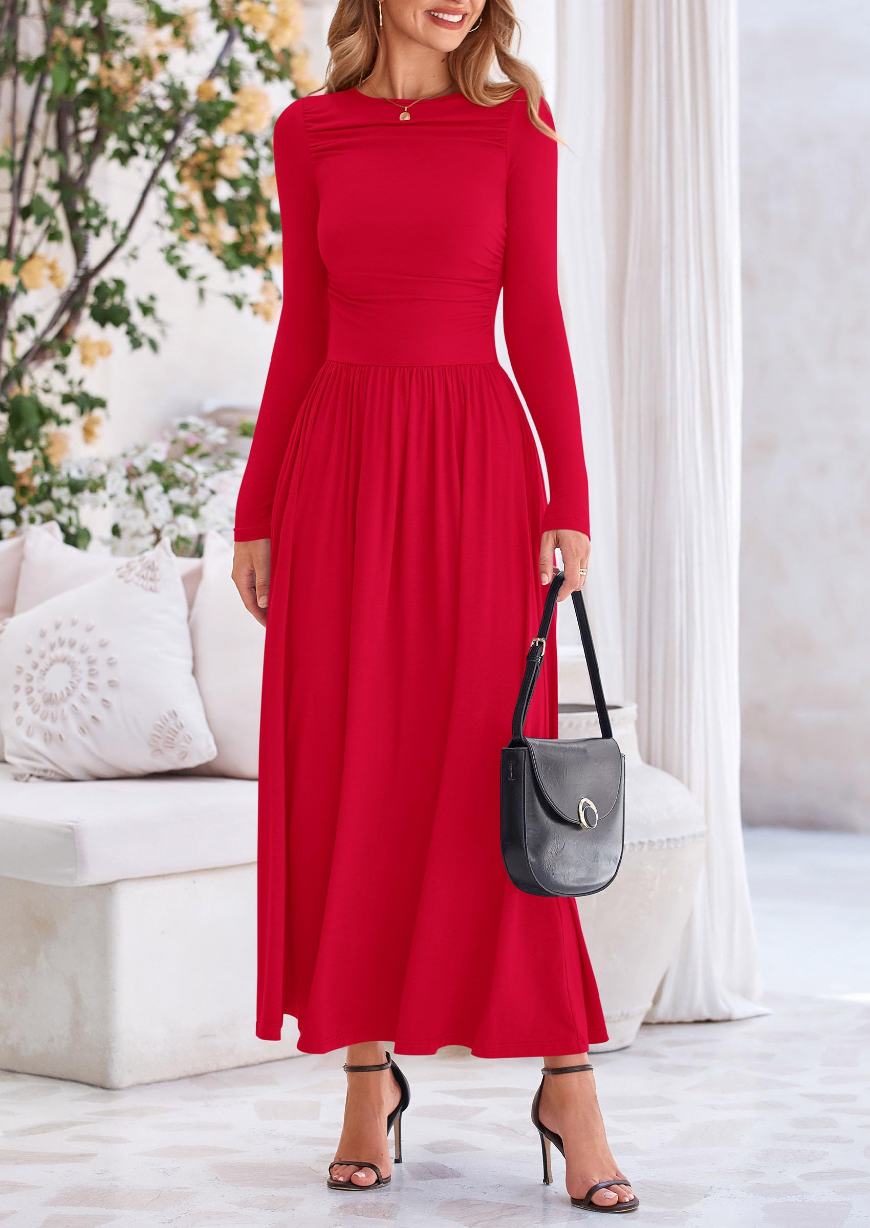 PRETTYGARDEN Women's 2025 Spring Long Sleeve Maxi Dress - Crewneck Ruched A-Line Flowy Elegant Modest Dress for Casual Wear, Church, Wedding Guest & Special Occasions