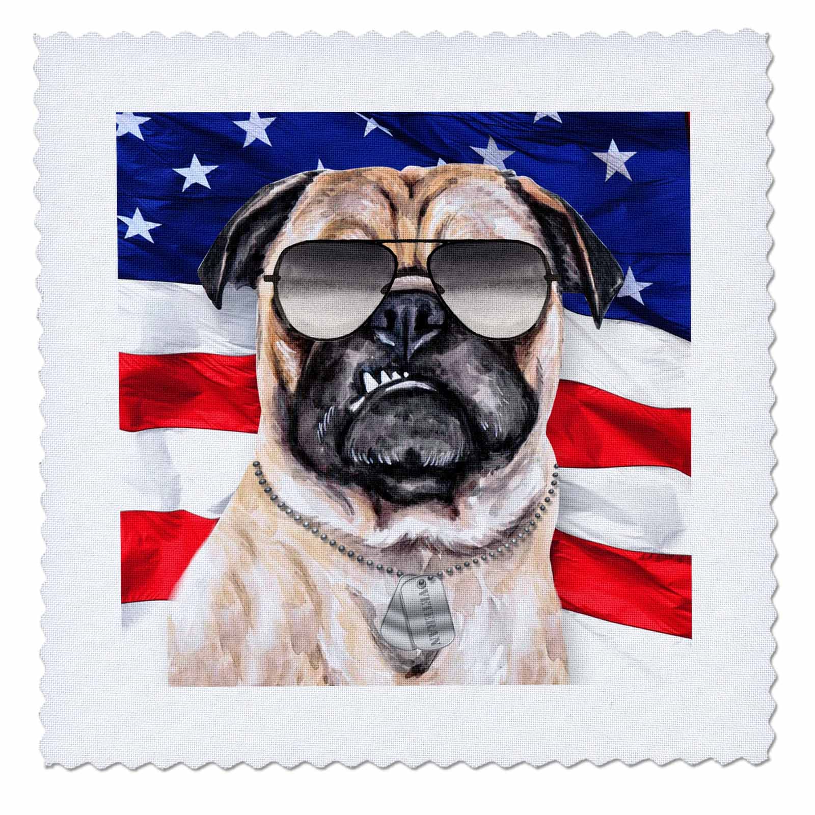 10x10 Inch Patriotic Pug Dog Quilt Square with Veteran Dog Tags & USA Flag - Perfect for DIY Quilting, Home Decor, and Veterans Day Gifts