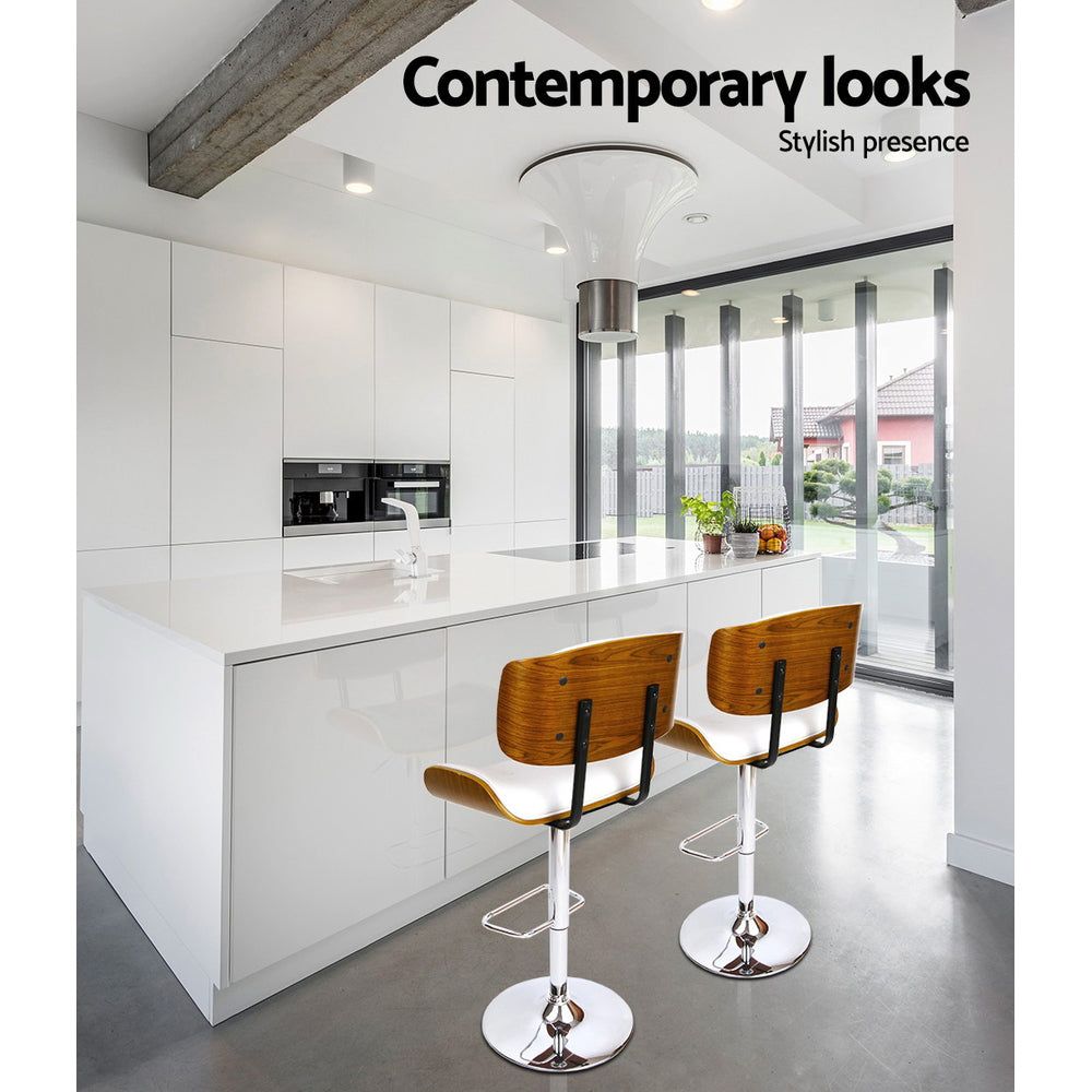 Artiss Adjustable Height Two Bar Stools with Gas Lift Mechanism - White Leather Counter Stools for Kitchen Island, Bar & Dining Room