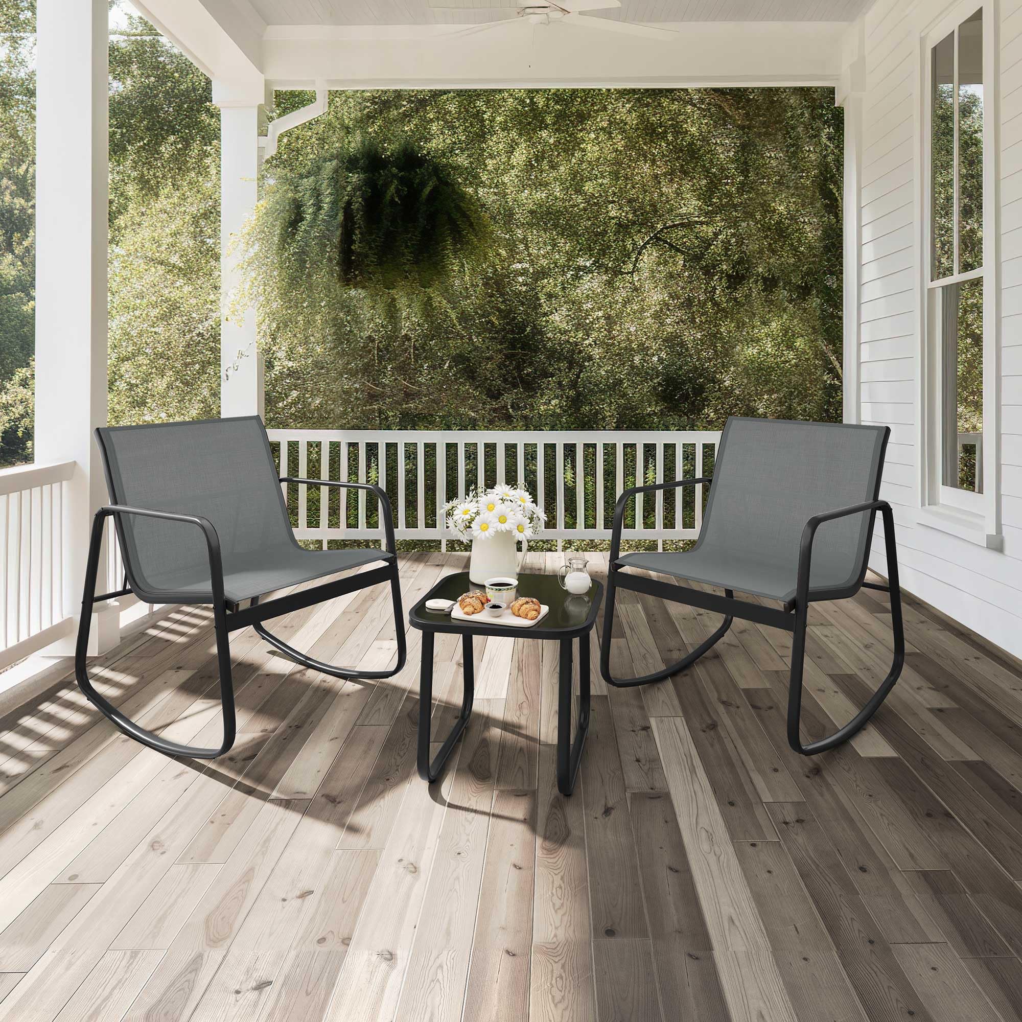 YITAHOME 3-Piece Patio Furniture Set - Small Outdoor Conversation Set with Textilene Fabric Bistro Rocking Chairs & Glass Table for Balcony, Backyard, Lawn, Porch, Garden, Poolside (Grey) - Perfect for Relaxing, Entertaining & Outdoor Dining