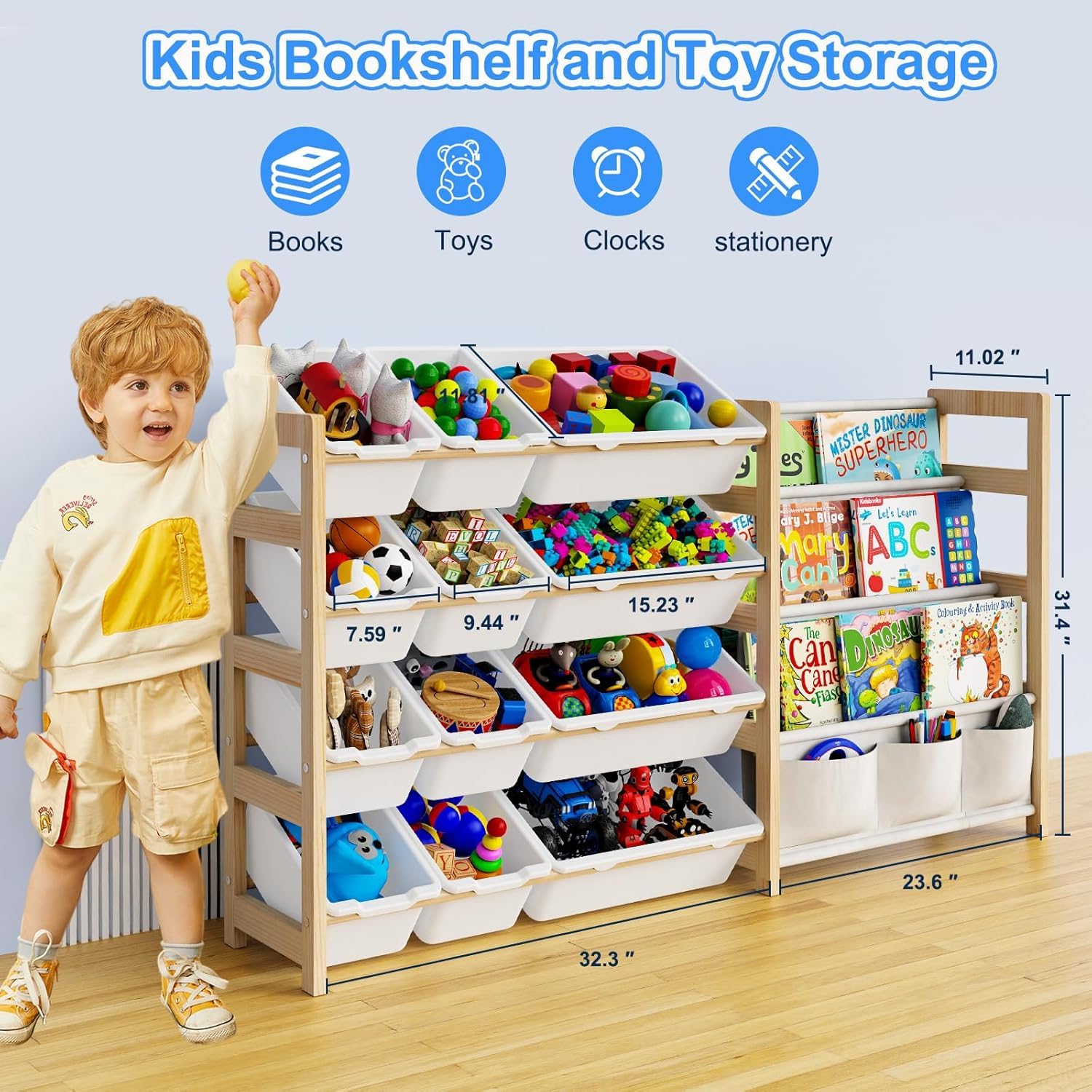 12-Bin Large Toy Storage Organizer with 4-Tier Bookshelf - Kids Room, Playroom & Nursery Organization - Perfect for Storing Toys, Books & Learning Materials