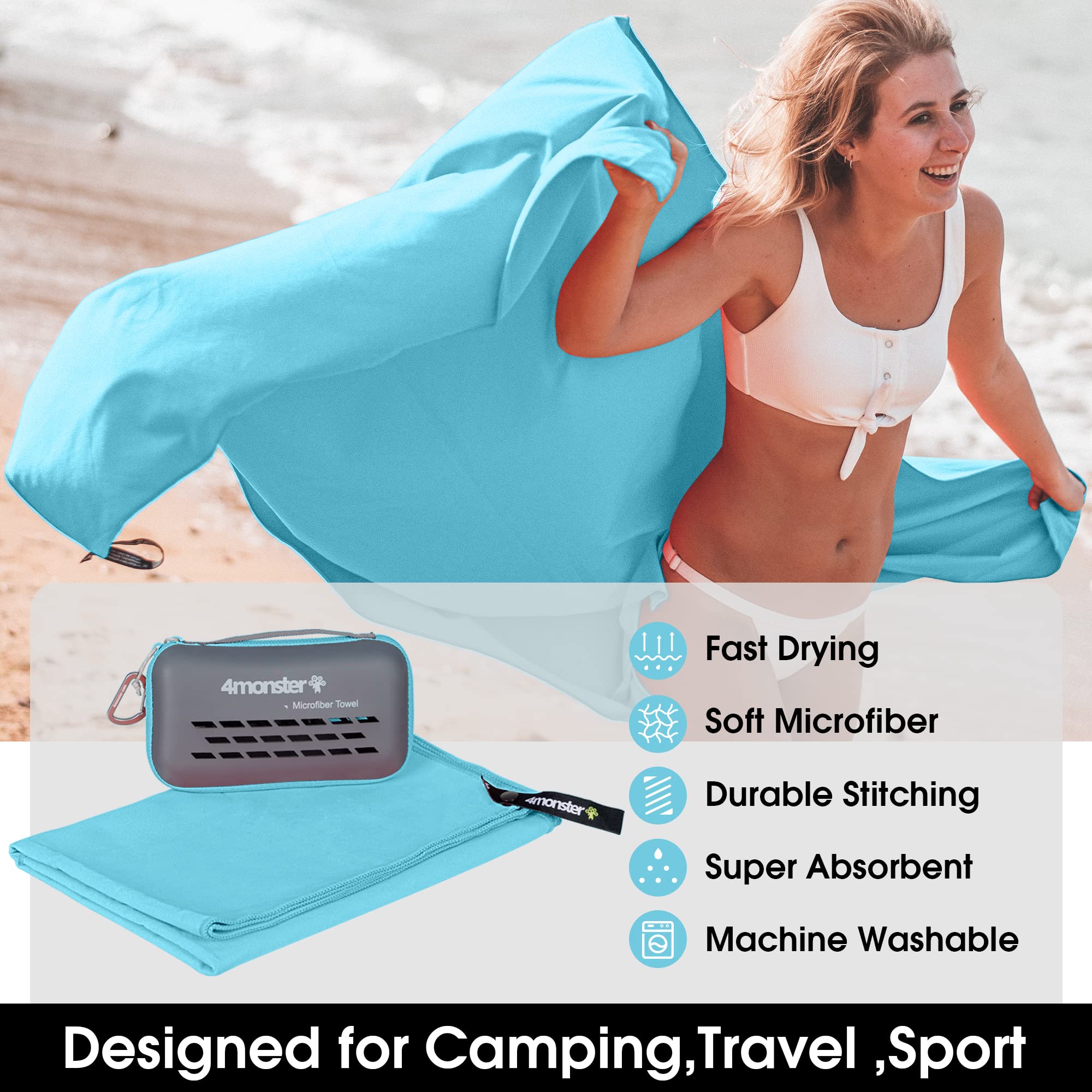 4Monster Super Absorbent Camping Towel - Quick Dry Microfiber Travel Towel for Swimming, Beach, Hiking & Yoga | Ultra Soft Compact Gym Towel (20