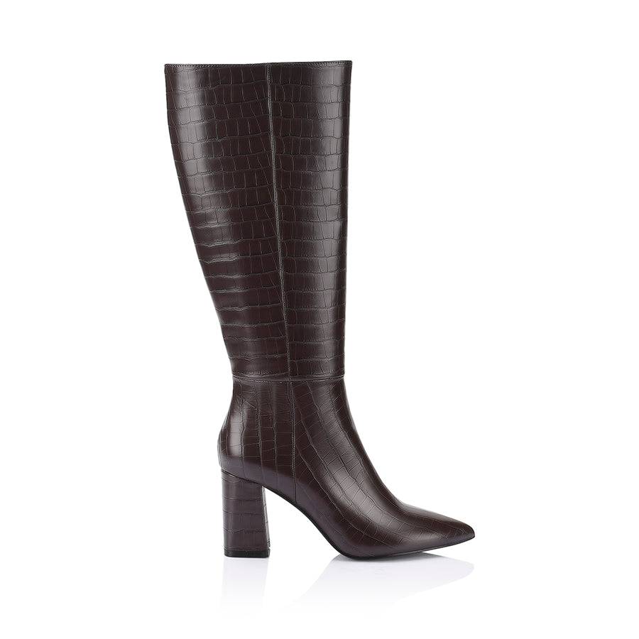 Magda Women's Knee High Tall Boots - Chocolate Brown Crocodile Embossed Leather, Chunky Heel, Comfortable & Stylish for Fall/Winter Fashion, Office Wear & Night Out