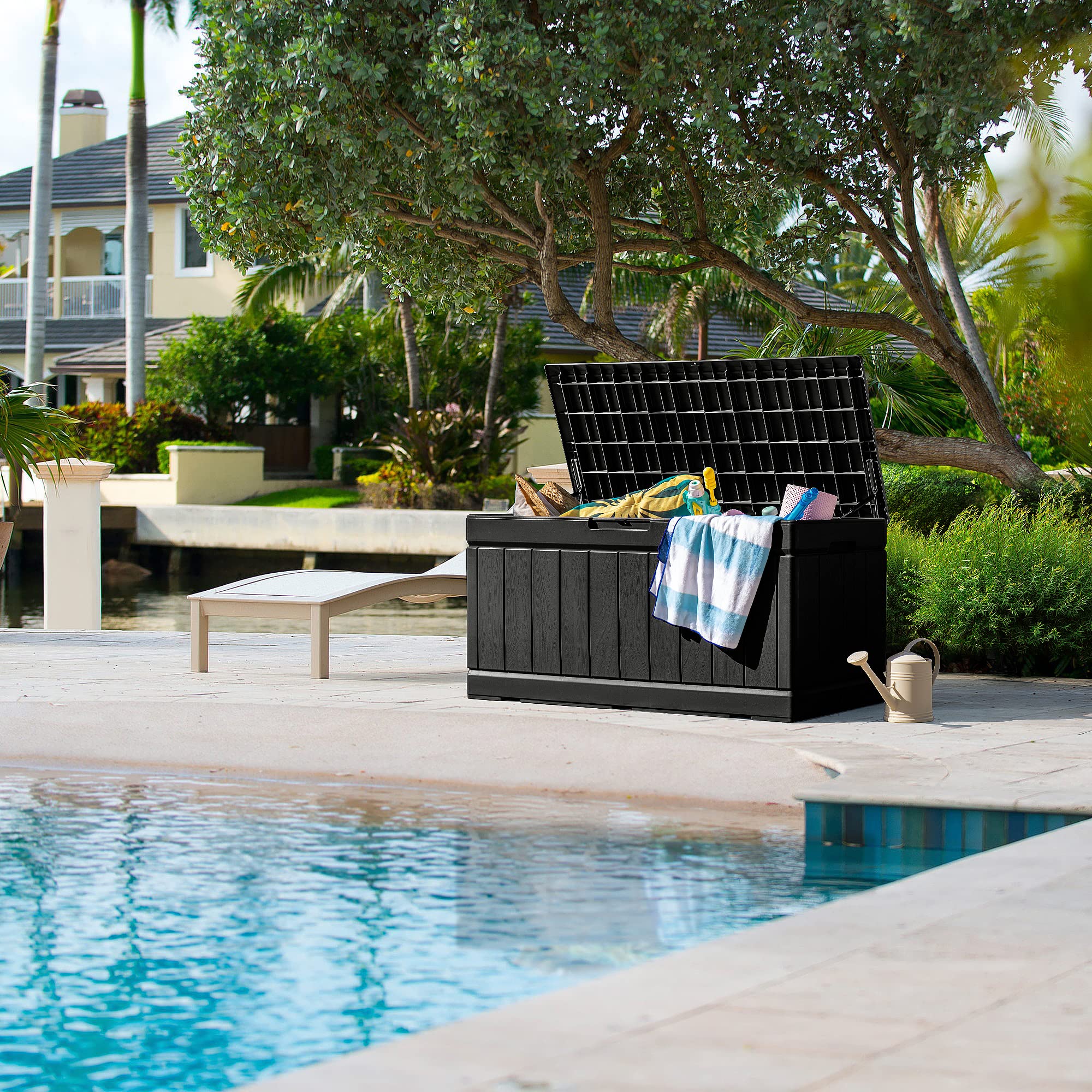 GUNJI 83 Gallon Outdoor Storage Box - Waterproof Large Resin Deck Box with Lockable Lid, Patio Storage Bench for Cushions, Garden Tools & Pool Accessories (Black) - Perfect for Backyard, Poolside & Garden Organization