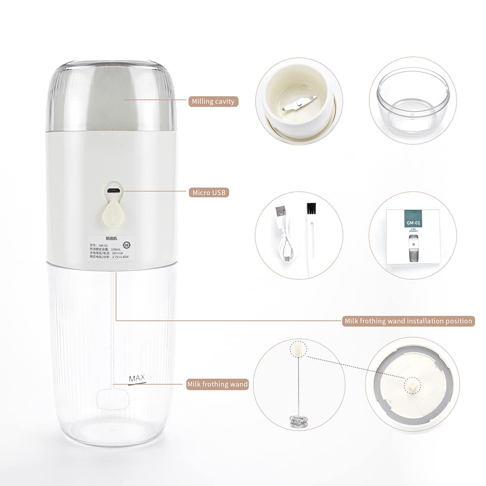 Premium Electric Coffee Grinder & Milk Frother 2-in-1 - Portable USB Rechargeable Multifunction Coffee Maker with Brush for Espresso, Latte, Hot Chocolate - Perfect for Home, Office & Travel (Black)