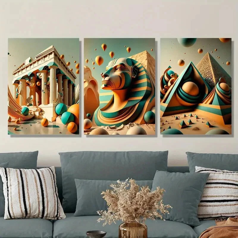 3pcs Golden Pagoda, Sphinx & Parthenon Metal Wall Art Prints - Ready to Hang Home Decor for Living Room, Bedroom & Office | Travel Inspired Artwork for World Culture Enthusiasts